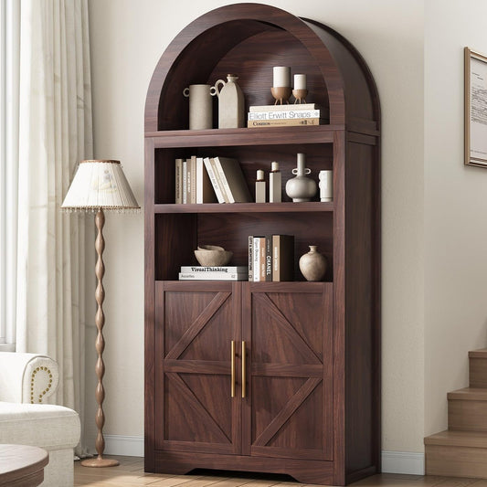 Arched Bookshelf Bookcase China Pantry Storage Cabinet with Doors and Shelves,Kitchen Pantry Cabinet,71“ Tall Food Pantry Furniture for Living Room, Dining Room (Brown)