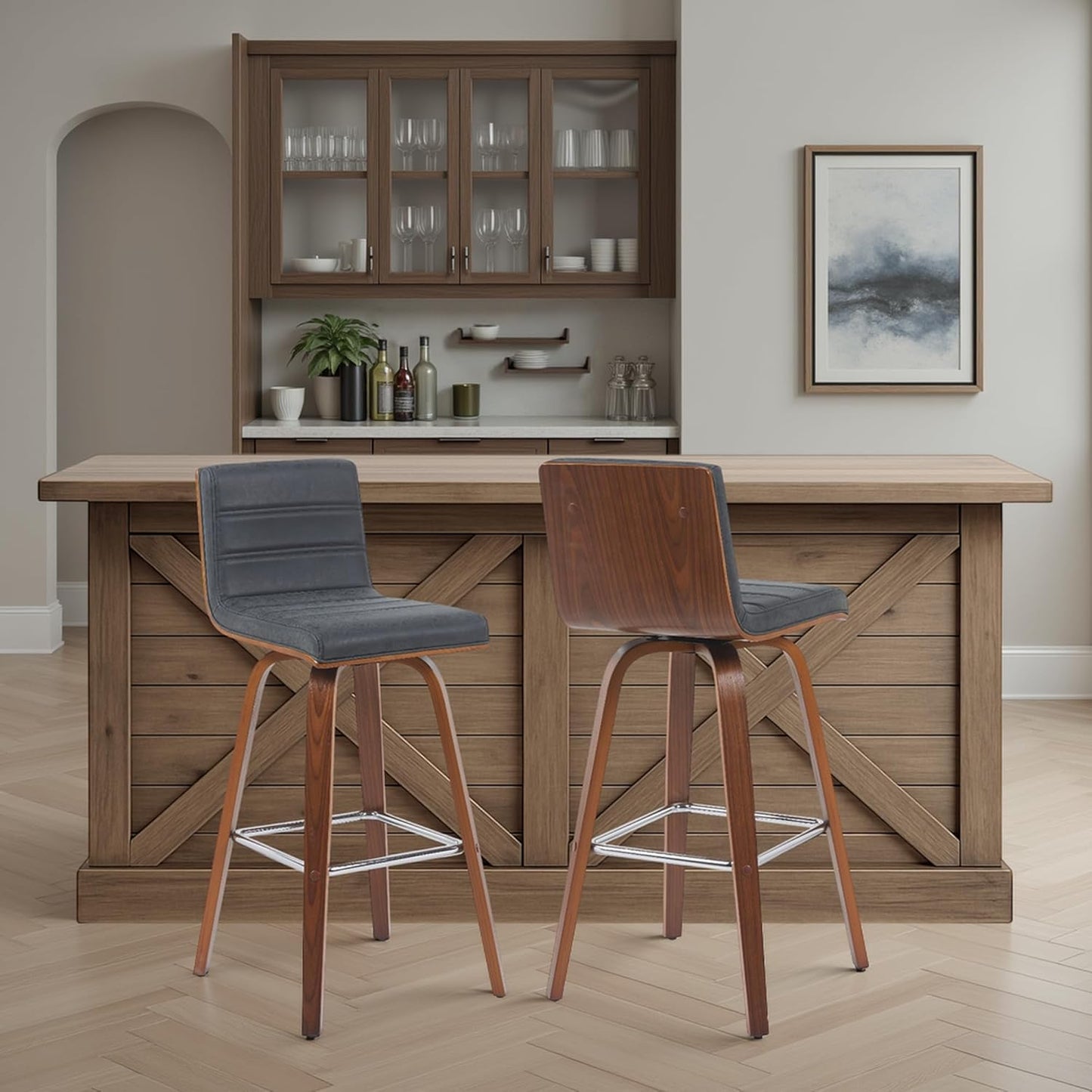 Vienna Modern Swivel Bar Height Stool with Vintage Black Upholstered Seat and Walnut Finished Wood Frame Set of 3