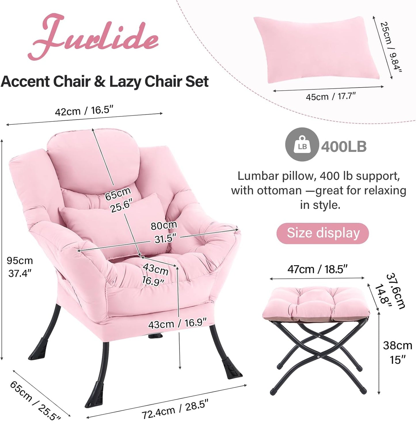 Lazy Chair with Ottoman, Modern Lounge Chair with Lumbar Pillow, Accent Cozy Reading Armchair and Folding Footstool for Bedroom, Dorm, Living Room,Pink
