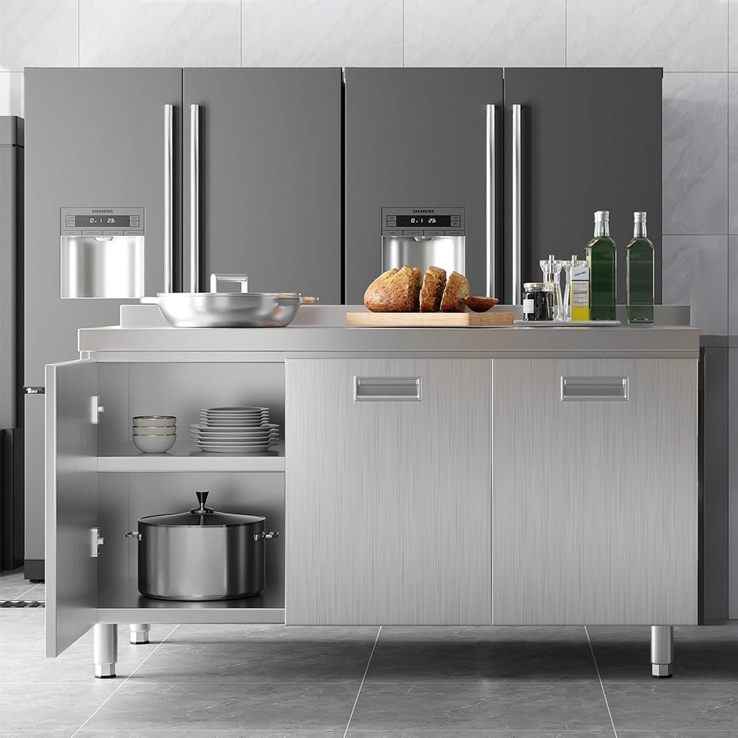 ZZV 59 inch Stainless Steel Prep Table with Storage Stainless Steel Cabinet for Prep & Work Commercial Worktable with Cabinet and 3 Doors for Kitchen, Restaurant, Hotel, Garage, Warehouse, Outdoor