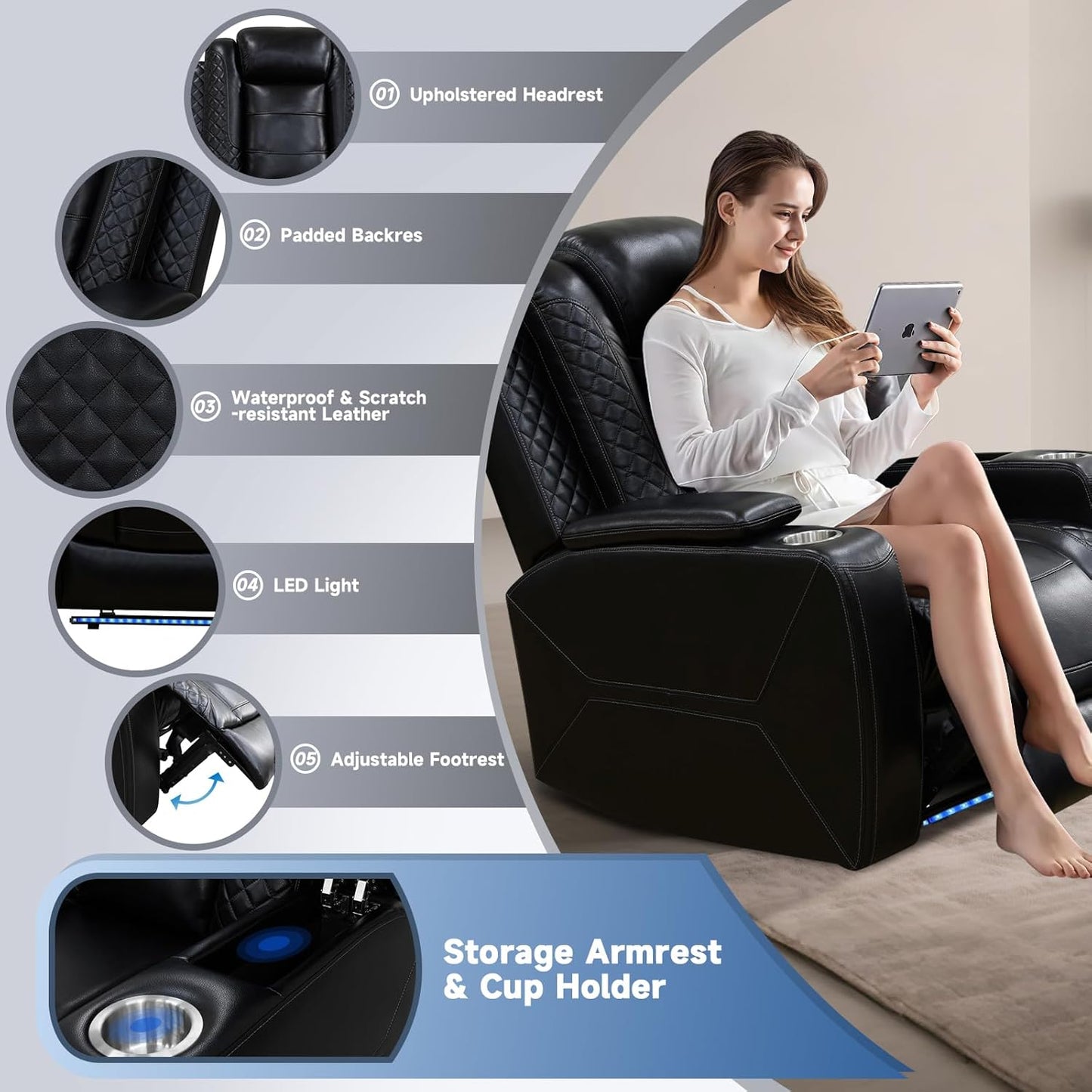 3+2+1 PU Leather Power Sectional Sofa Set, Living Room Furniture, Reclining Couch, Loveseat, Chair with LED Light/USB Ports/Storage Armrests/Center Console/Cup Holders/Wireless Chargers/Coffee Table