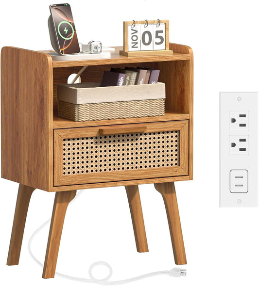Lerliuo Rattan Nightstand with Charging Station, Side Table with Drawer, Cane Accent Bedside End Table with Solid Wood Legs, Night Stand for Bedroom, Dorm and Small Spaces (Tea Brown)