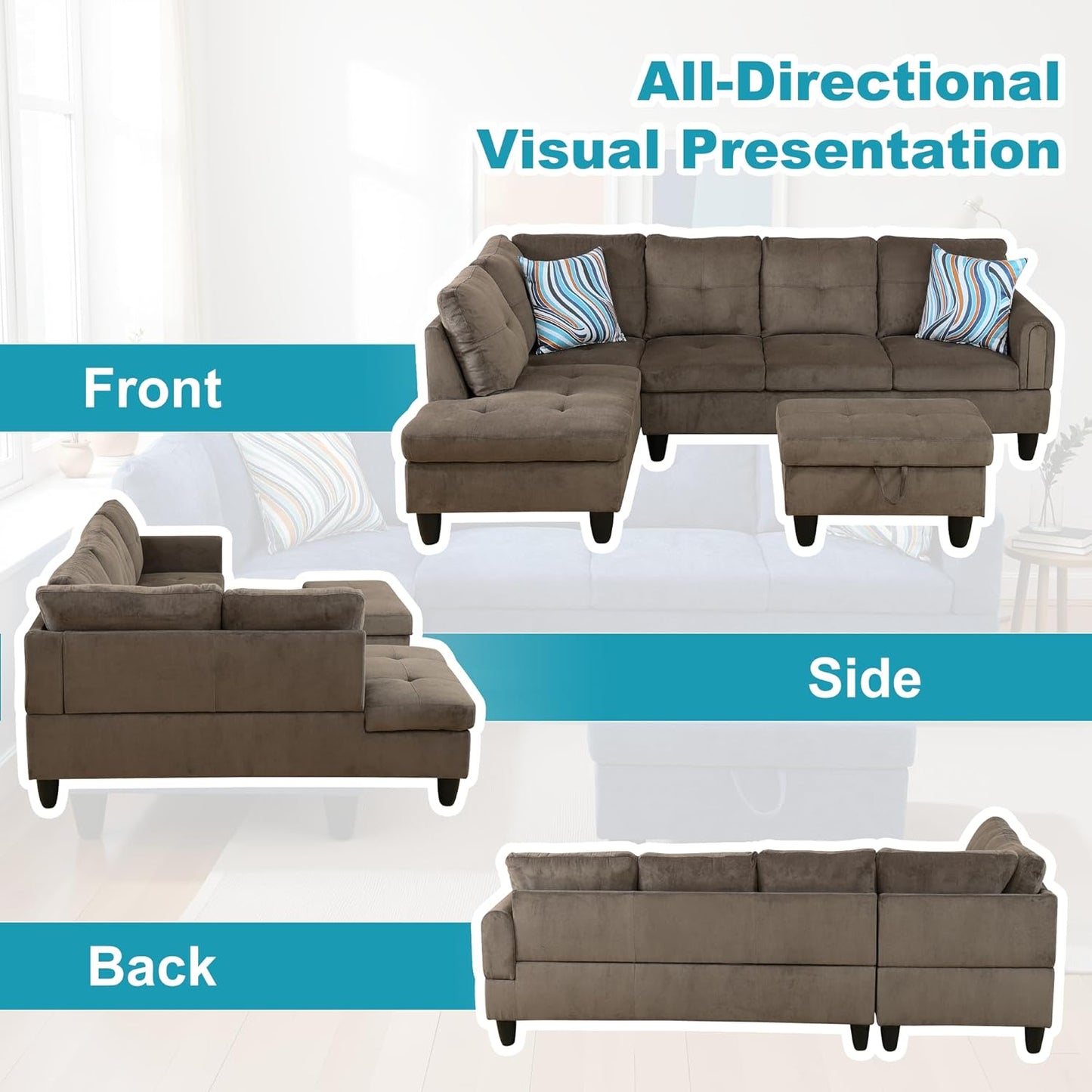 L Shaped Couch Modern Sectional Couch Upholstered Velvet Fabric 3 Pieces Sofas for Living Room with Chaise, Storage Ottoman for Office and Small Apartment, Brown Pineapple