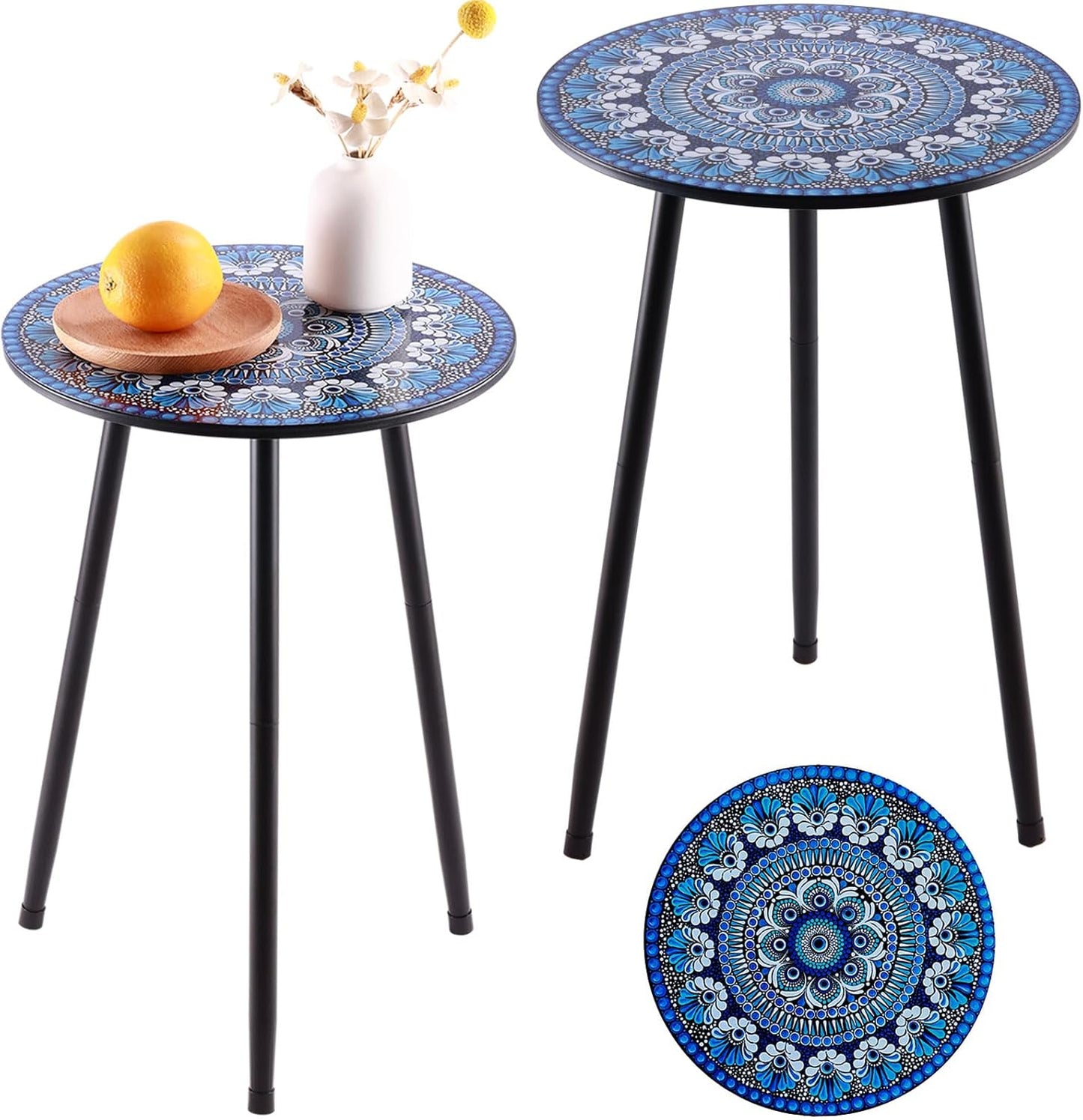 2 Packs Metal Mosaic Round Side Table 13.4" Small Outdoor Patio Round Accent Coffee Tables Indoor Corner Stand for Small Spaces Weather-Resistant for Balcony Plant Stand