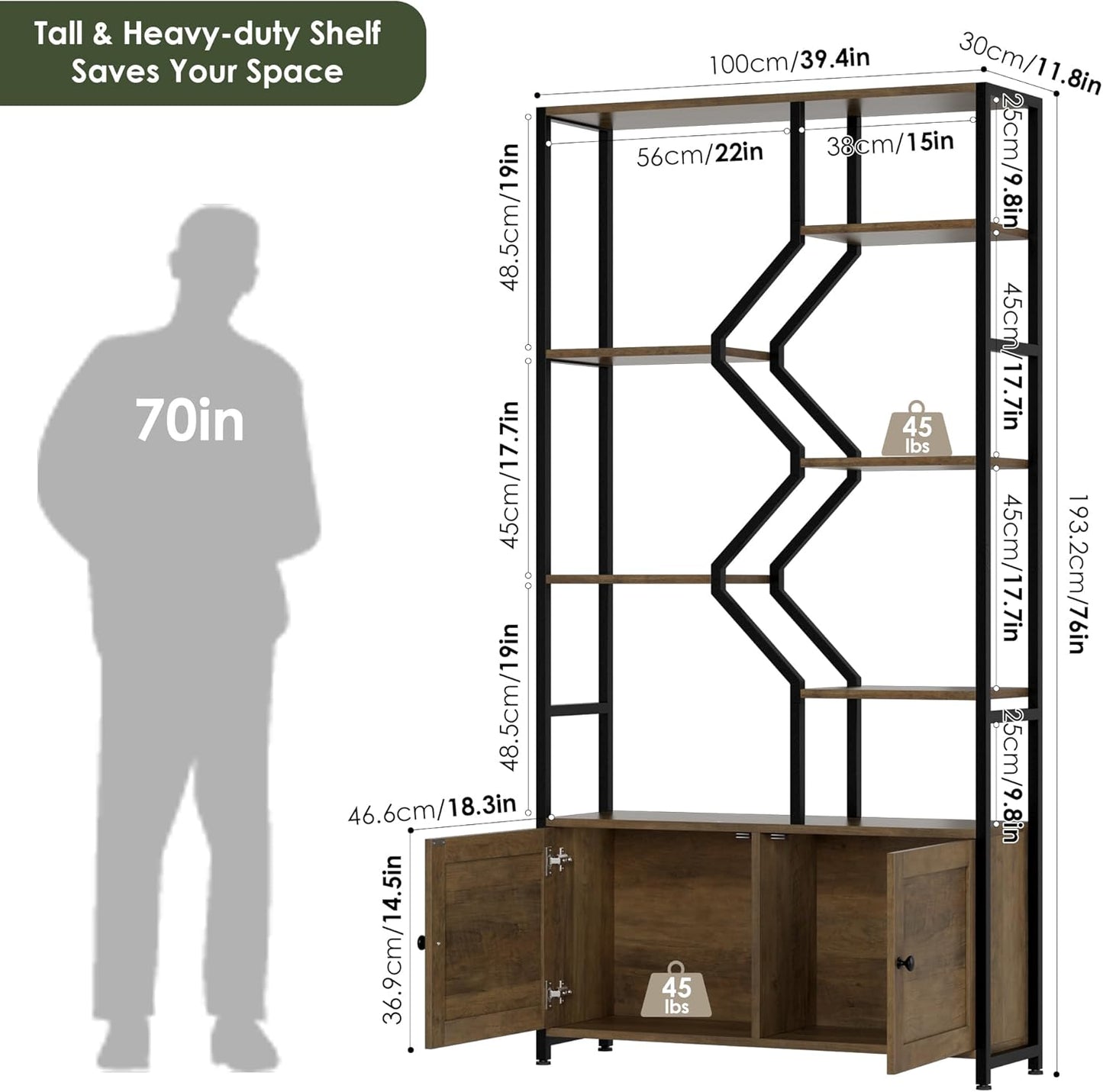 76" Tall Shelf with Storage Cabinet Doors, 6 Tier Open Bookshelf for Multi-use Display, Staggered Book Shelf Etagere Bookcase for Home Office/Living Room, Deep Metal & Wood Accent Shelf, Rustic Brown