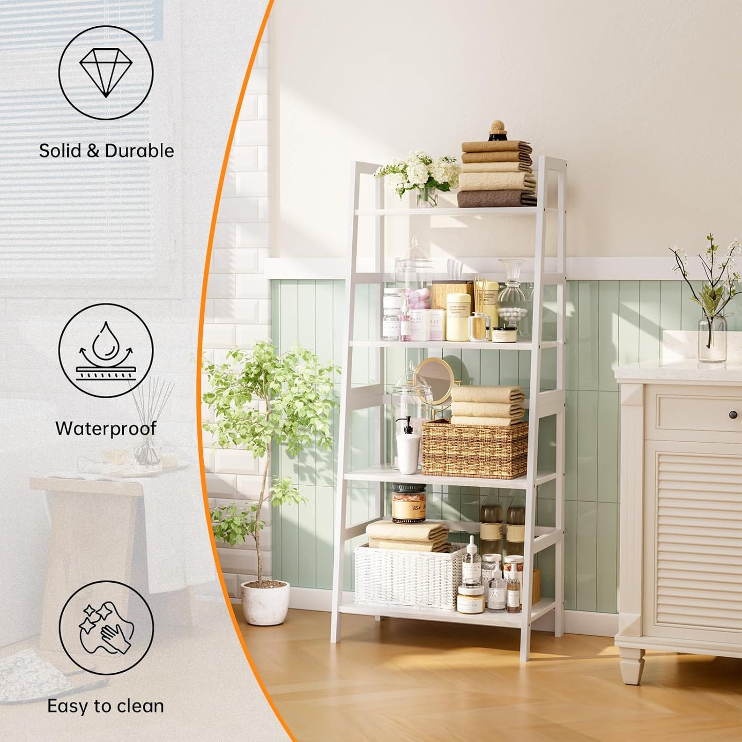 HITNET Ladder Shelf, 4 Tier Bookshelf, Floor Standing Bathroom Storage Rack with Bamboo Frame, Home Office Open Display Bookcase, White