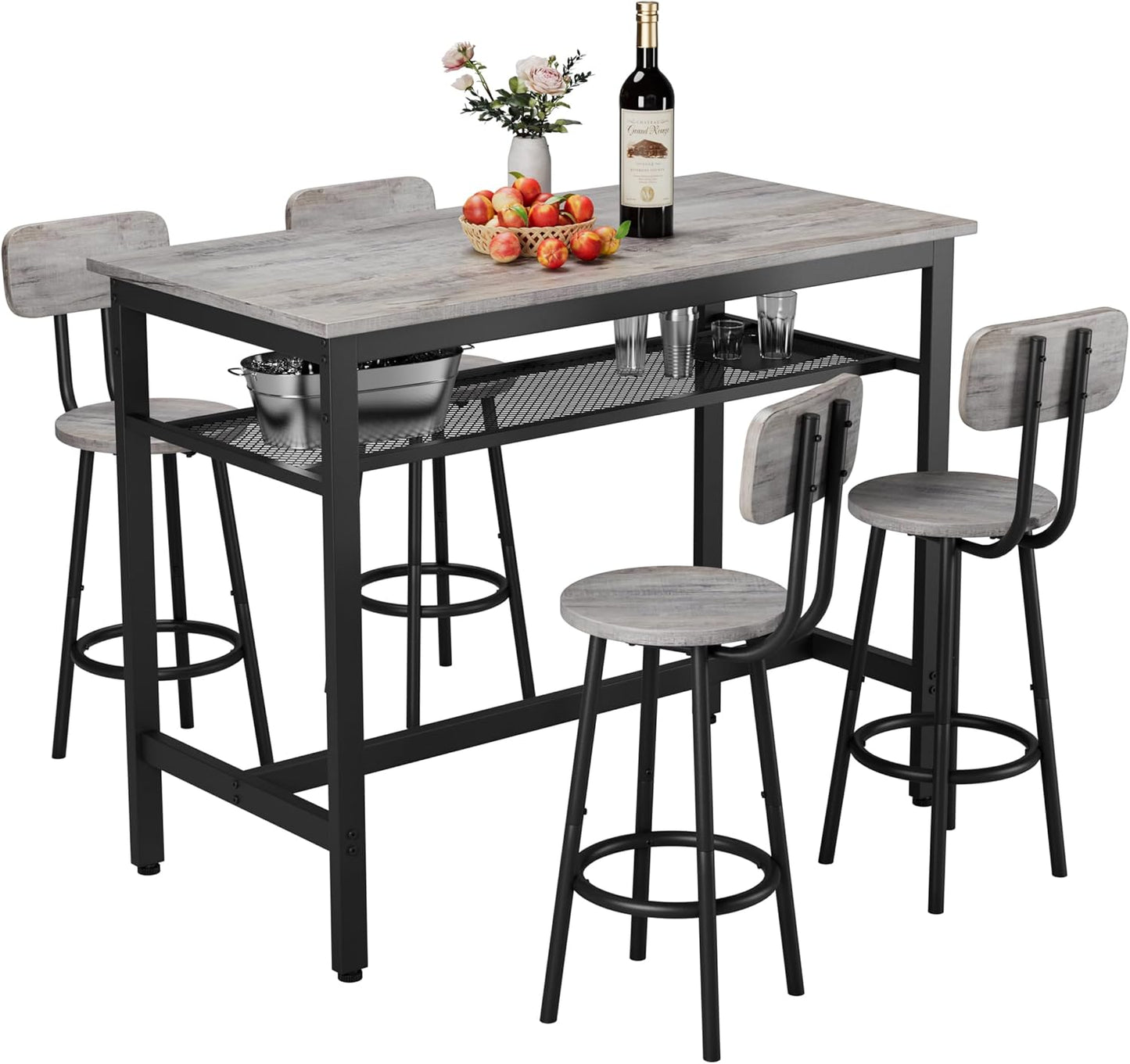 5-Piece Bar Table and Chairs Set, 43.3'' Pub Table Set Modern Small Table and Chairs Set of 4 for Breakfast Nook Living Room Small Space Restaurant, Grey