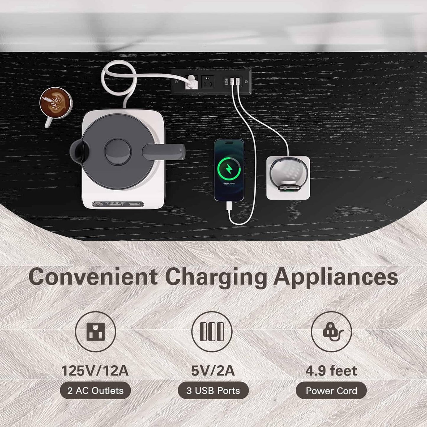 Zarler Bar Cart with Power Outlet Easy to Assemble, LED Home Bar Cabinet for Liquor, 47.3" L x 15.8" D x 36" H Metal Mini Bar Table with 4-Tier Storage, Black