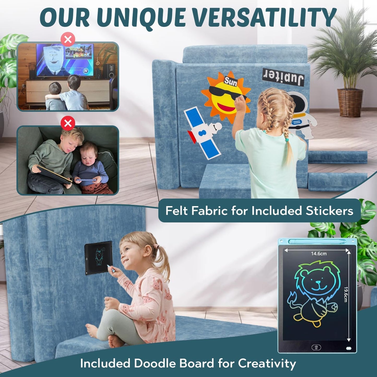 Modular Kids Play Couch & Sofa with Doodle Board & Stickers, High-Density 27D Foam Set, Convertible Folding Child Couch with Washable Covers, Durable Kids Furniture for Playroom - Dark Grey