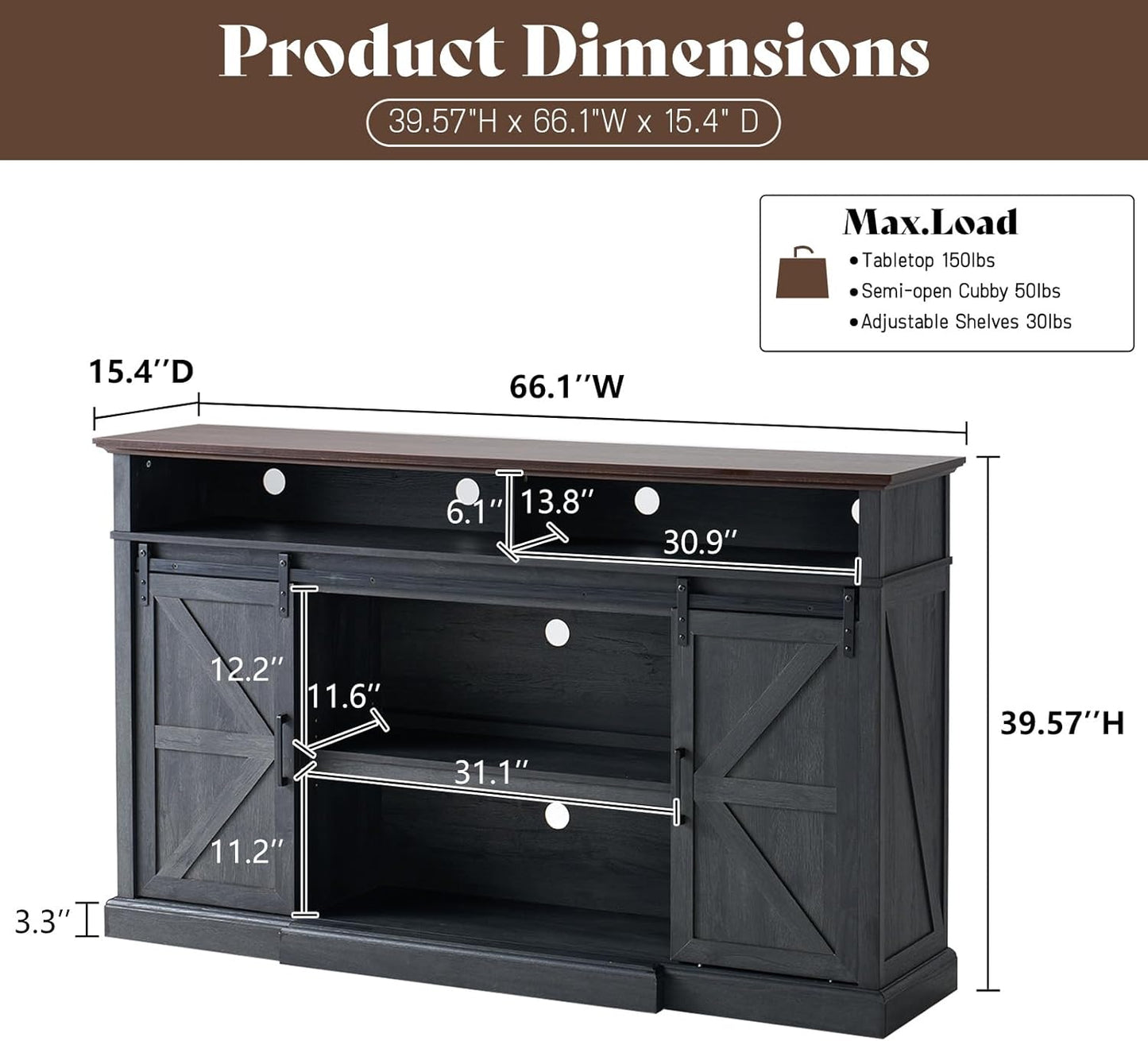 66" Farmhouse TV Stand with Sliding Barn Doors, 40" Tall Entertainment Center for 75 Inch TVs, Rustic Media Console Table Storage Cabinet w/Soundbar & Adjustable Shelves, Living Room, Dark Gray