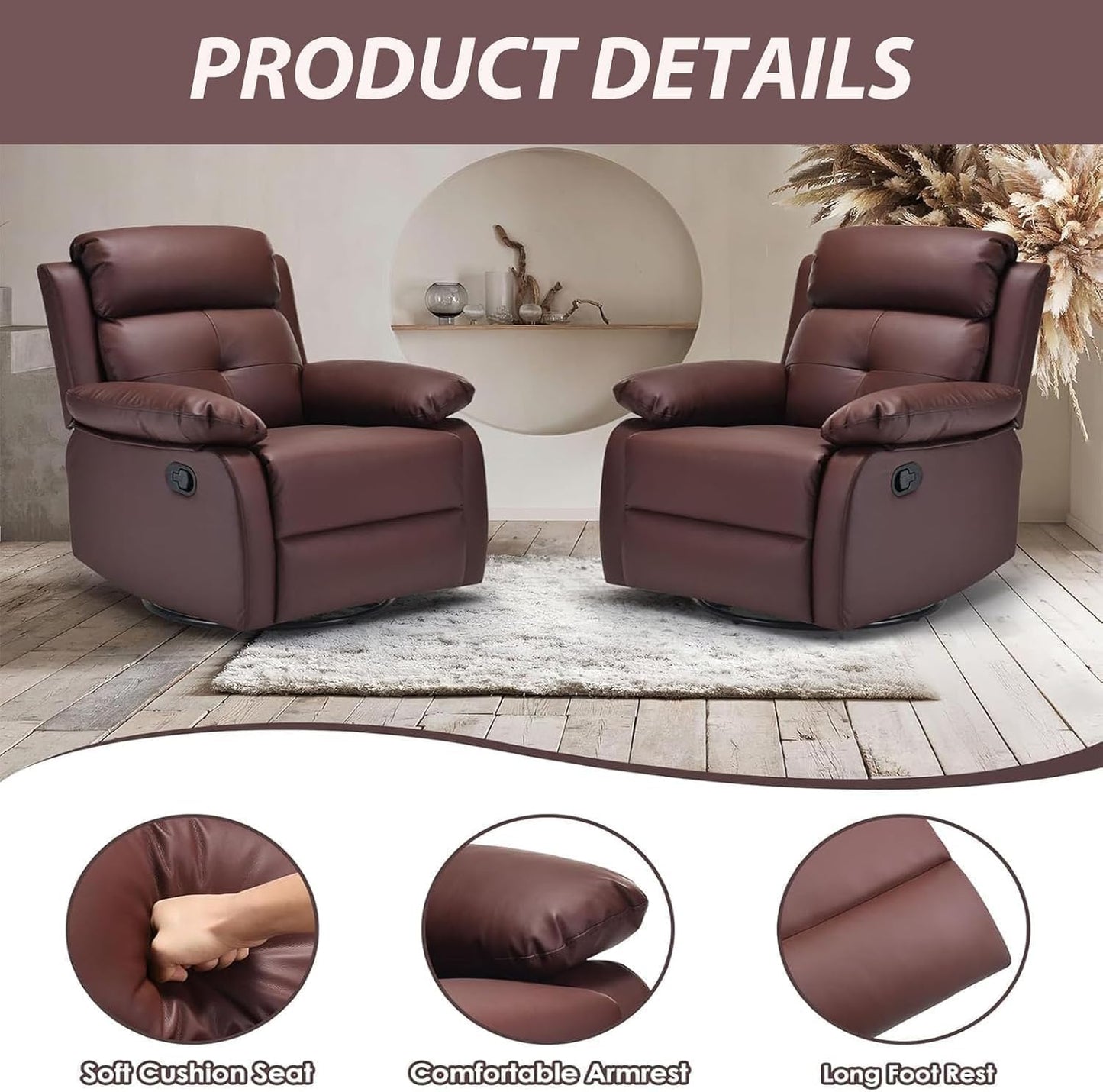 Swivel Rocker Recliner, 360 Swivel Small Recliners with 30 Degree, 90-150 Degree Angle, Faux Leather Lift Chair for Home Theater Seating, Adults, Living Room, Bedroom, Brown