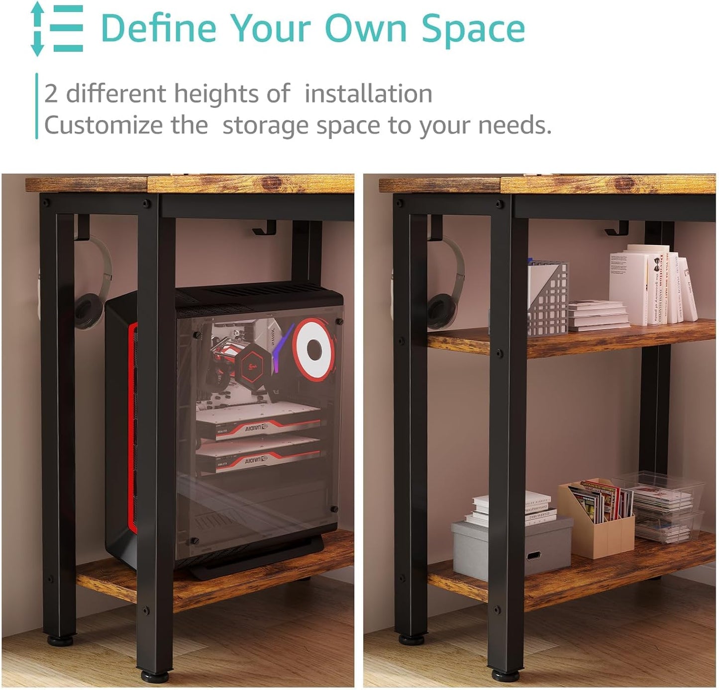 Lufeiya 55 inch Computer Desk with 4 Fabric Drawers & Storage Shelves, Writing Work Study Desk for Home Office Bedroom, Modern Simple Student PC Desks Table, Rustic Brown