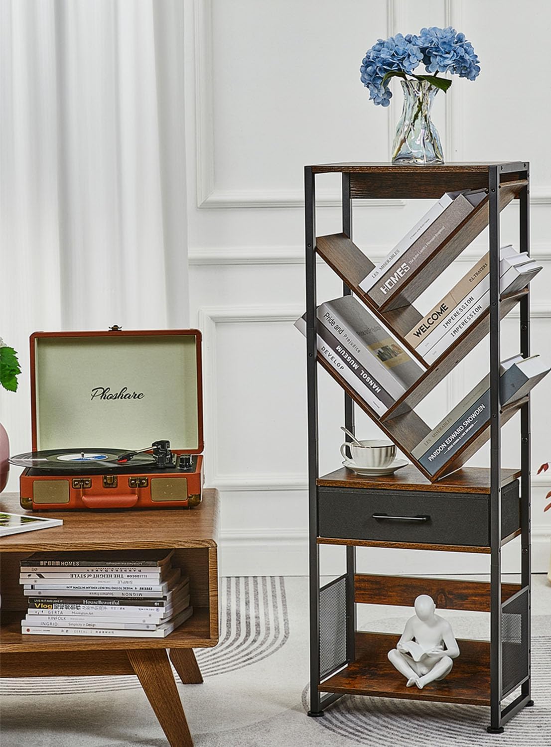 Bookshelf with Drawer,8 Tier Tree Bookcase Retro Floor Standing Bookshelves,Tall Wood Bookcases with Cabinet Storage Organizer for Living Room, Bedroom & Home Office, Classic