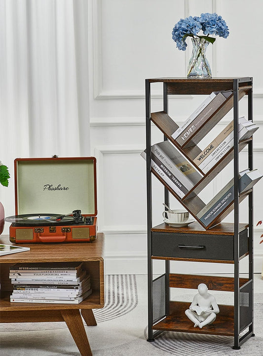 Bookshelf with Drawer,8 Tier Tree Bookcase Retro Floor Standing Bookshelves,Tall Wood Bookcases with Cabinet Storage Organizer for Living Room, Bedroom & Home Office, Classic