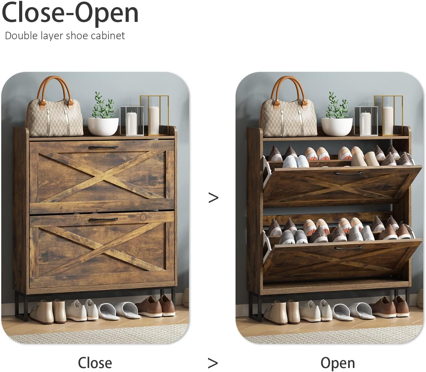 Maupvit Shoe Storage Cabinet with 2 Flip Drawers, Freestanding Shoe Organizer with Metal Legs for Entryway, Narrow Shoe Rack Cabinet, Rustic Brown