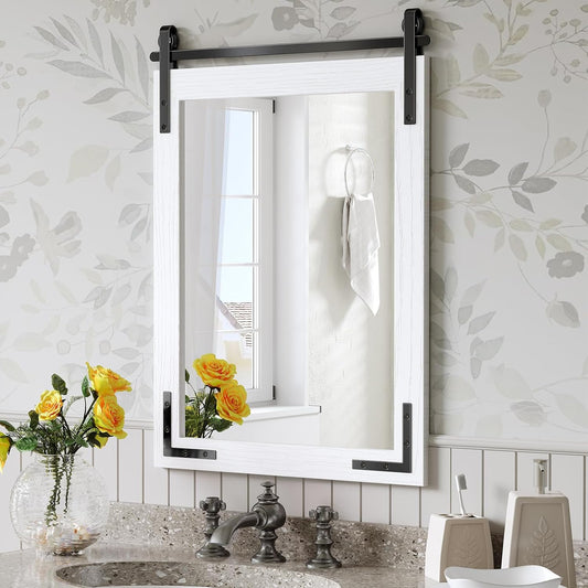 22x30 Inch Farmhouse Bathroom Mirror, White Vanity Rustic Mirror with Wood Frame, Rectangle Wall Decorative Mirrors for Entryway, Living Room, Bedroom