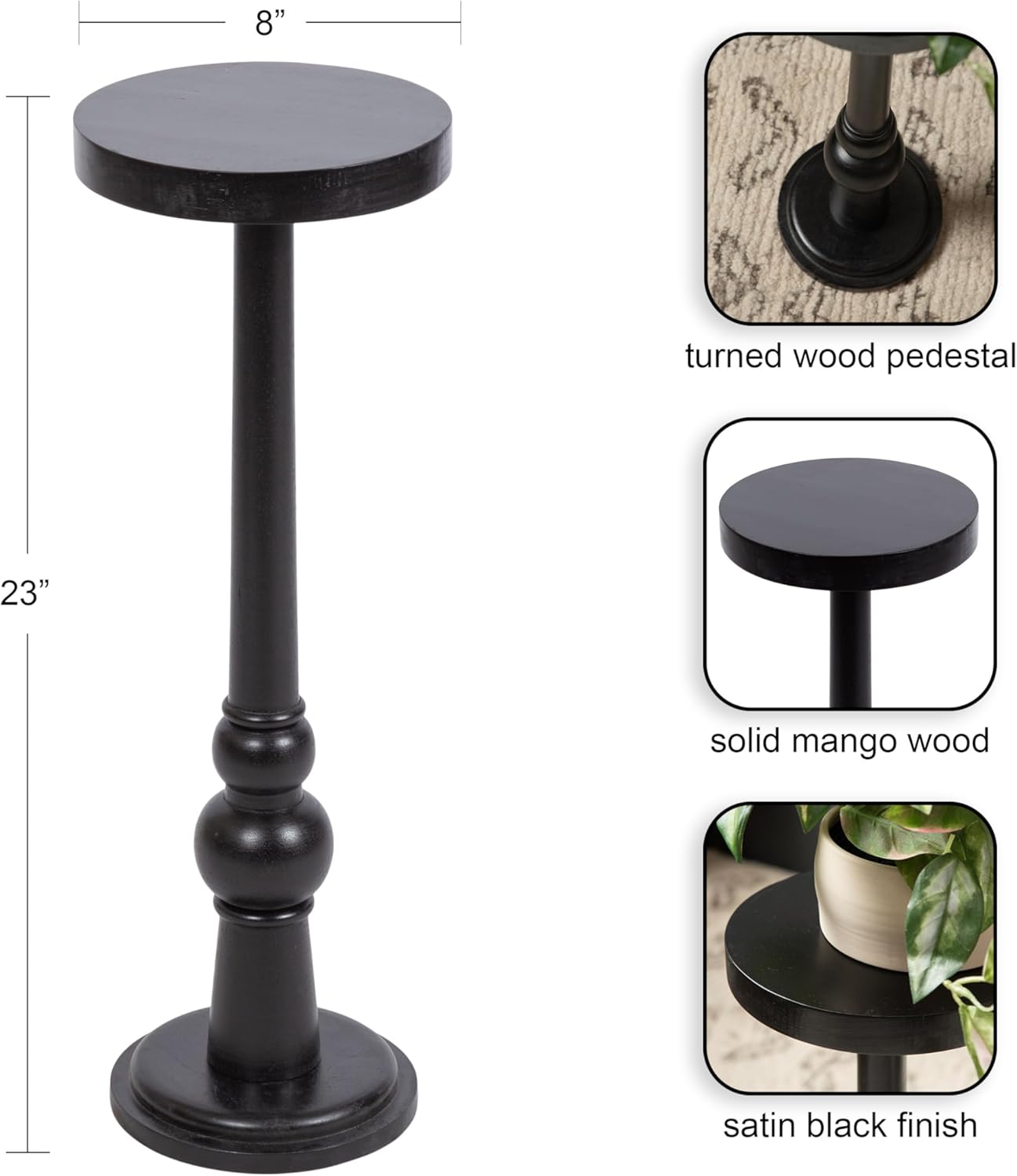 Kate and Laurel Wegner Traditional Wooden Round Drink Table, 8 x 23, Black, Elegant and Durable Pedestal Table for Use as Small Drink Table, Plant Stand, or Decorative Item Display