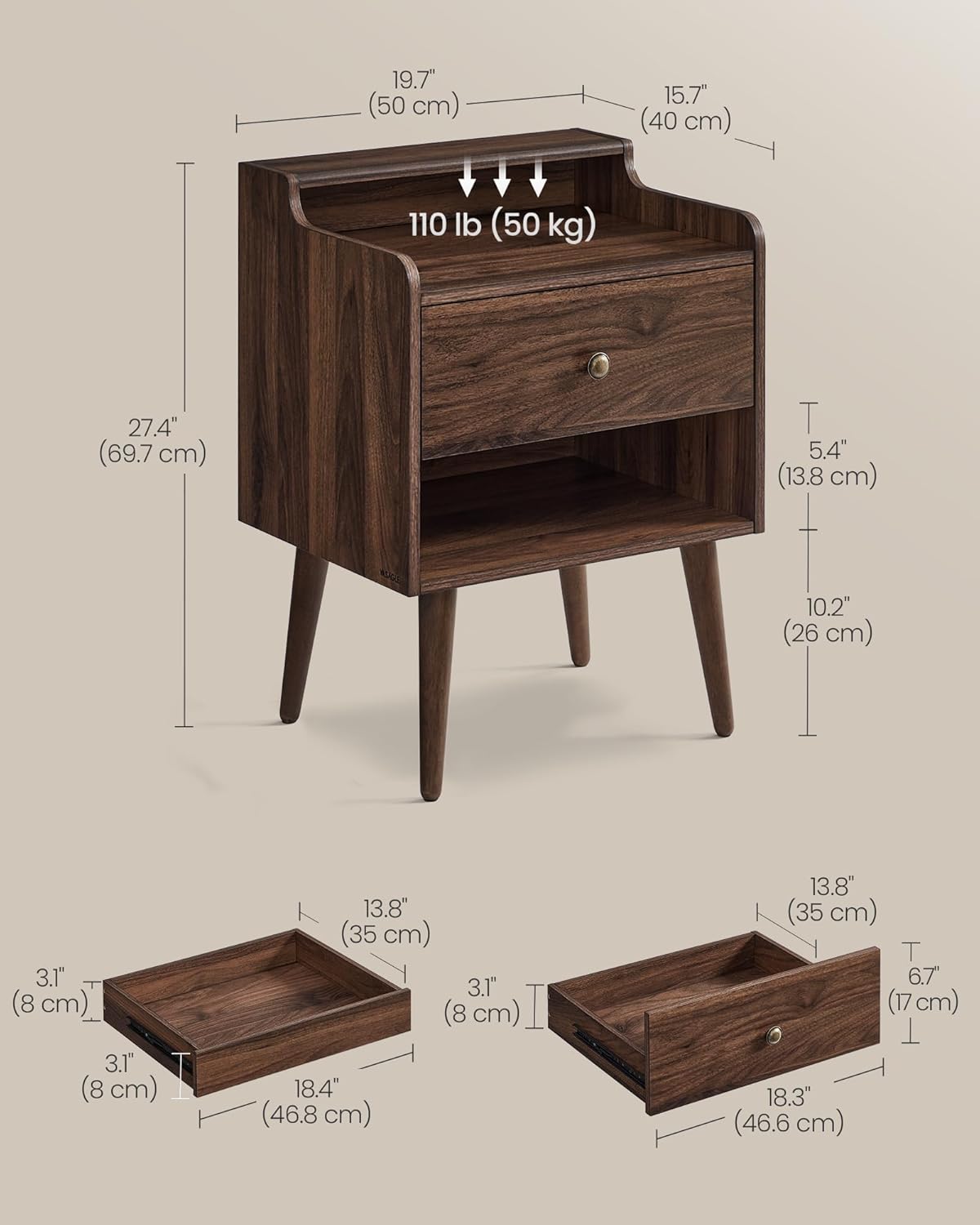 VASAGLE Nightstands, Set of 2, Bedside Tables with Hidden Drawers, Mid-Century End Side Tables with Solid Wood Legs, for Bedroom, Natural Walnut ULET624K01