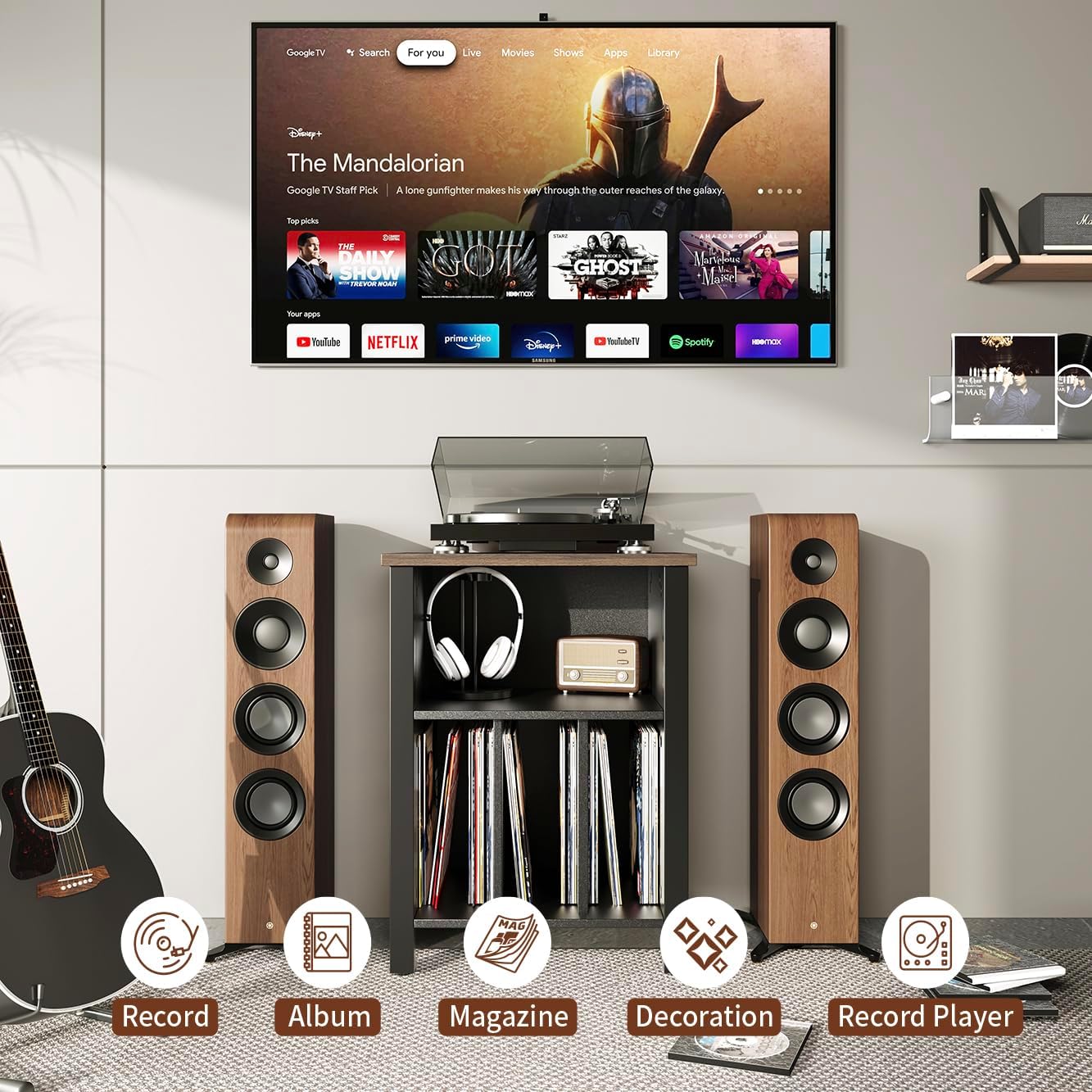 LIDYUK Record Player Stand, Vinyl Record Storage Table End Table with Display Shelf Holds up to 130 Albums, Large Nightstand Wood Turntable Stand Cabinet Side Table for Living Room, Bedroom, Black