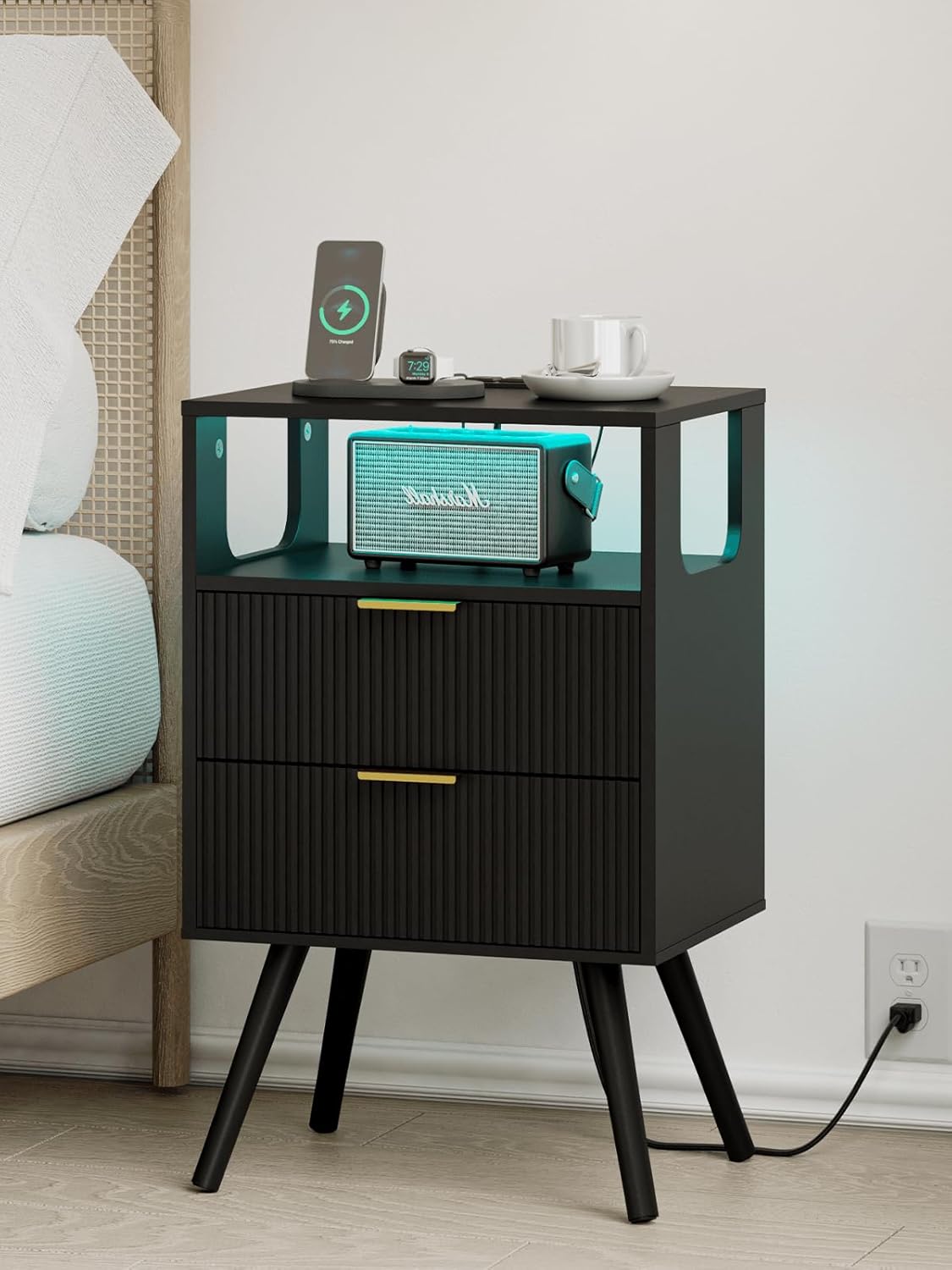 Nightstand, Modern Bedside Table with 2 Storage Drawer and Open Wood Shelf for Bedroom and Small Spaces, Night Stand with Solid Wood Legs (Black-Outlet)