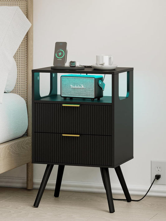 Nightstand, Modern Bedside Table with 2 Storage Drawer and Open Wood Shelf for Bedroom and Small Spaces, Night Stand with Solid Wood Legs (Black-Outlet)