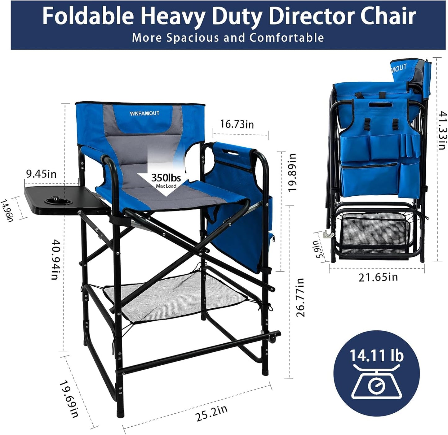 Tall Folding Directors Chair with Side Table 26.77" Seat Height Foldable Camping Chair Bar Stool for Makeup Artist Face Painting with Footrest and Storage Pocket Supports 350LBS