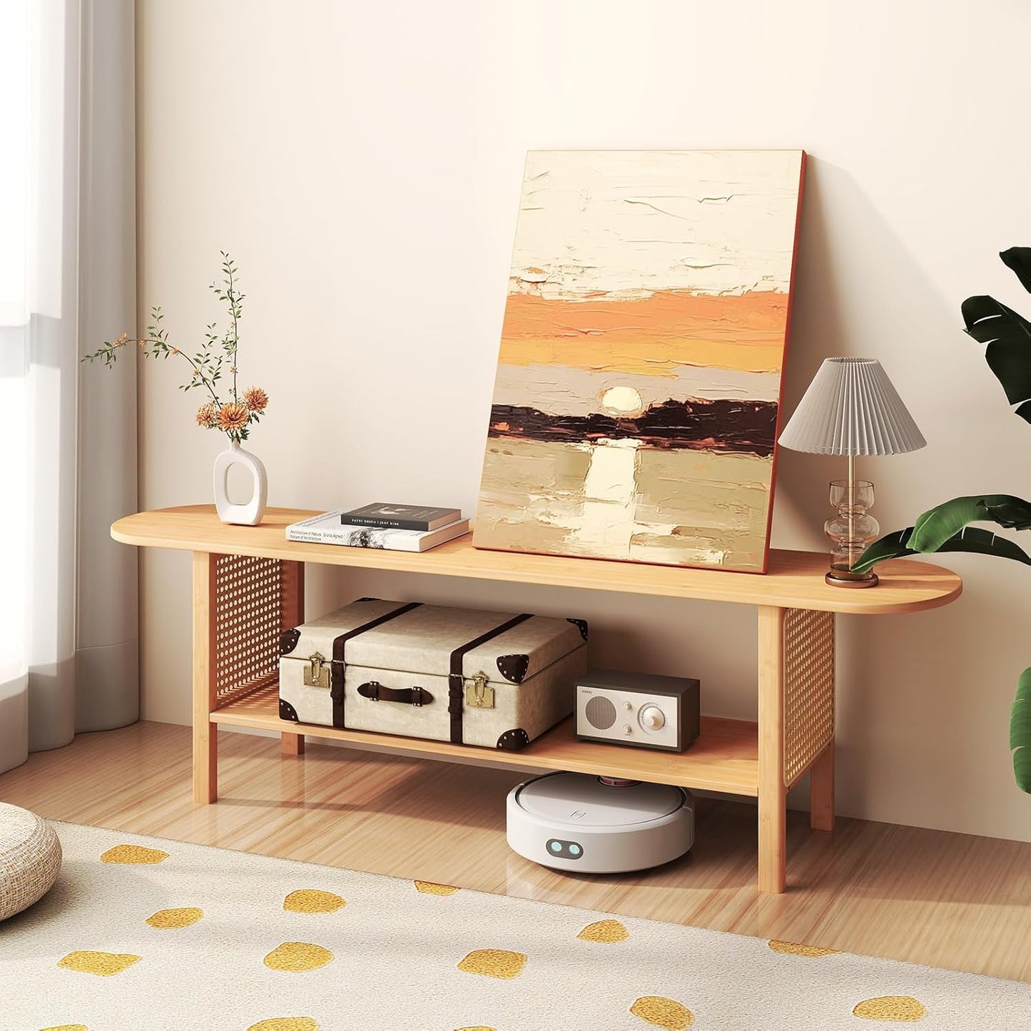 HollyHOME Bamboo TV Stand with Storage for TVs up to 65", Modern Entertainment Center with Rattan Side, Accent TV Table with 2 Shelf, Media Console TV Stand for Living Room, Bedroom, Burlywood