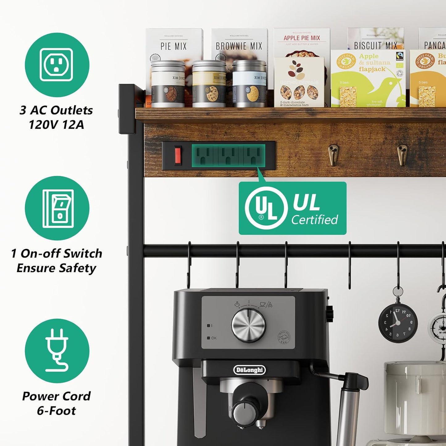 Large Bakers Rack with Power Outlets 38.8 Inches, 15 Hooks Coffee Bar with 3 Wire Basket, Microwave Stand Kitchen Storage Shelf for Spices, Cups, Pots, 38.8 x 16.3 x 62.2 in, Rustic Brown