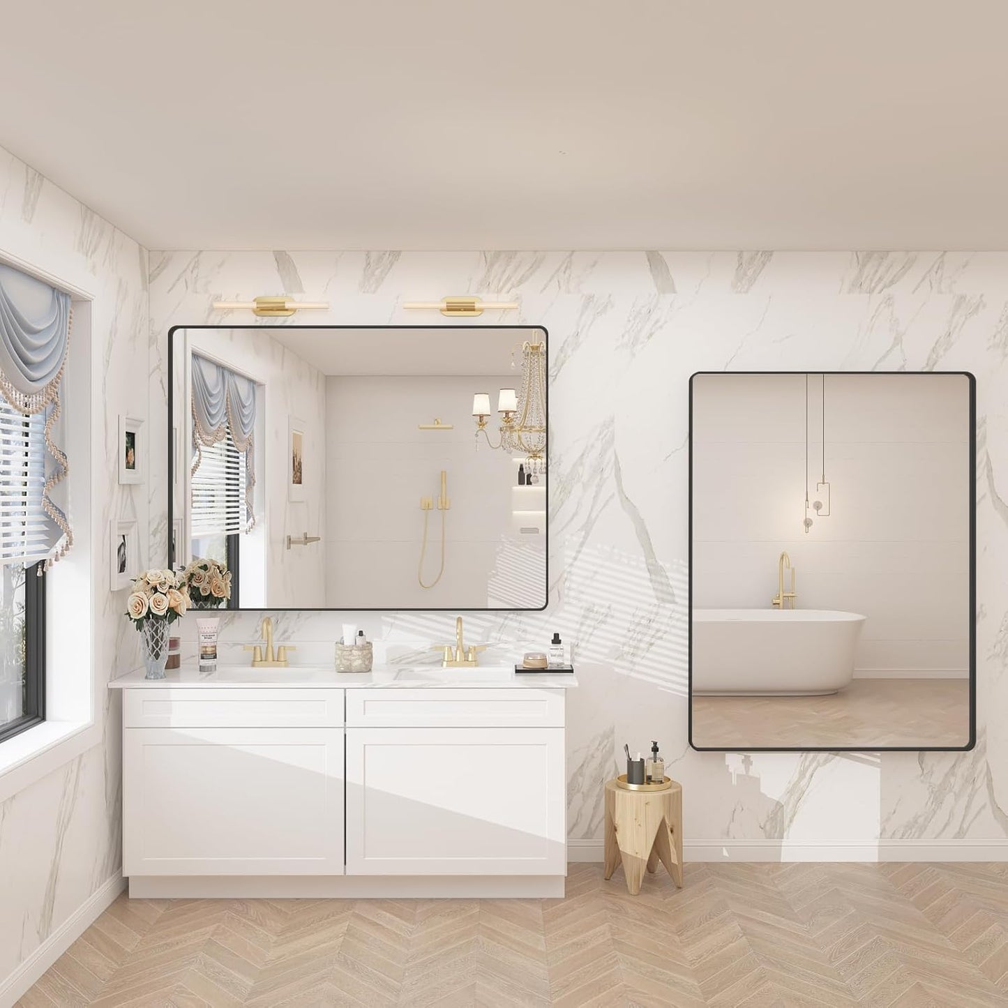 55x40 Inch Black Metal Framed Bathrrom Mirror for Wall, Black Matte Rounded Rectangle Bathroom Vanity Mirror, Anti-Rust, Tempered Glass, Hangs Horizontally or Vertically