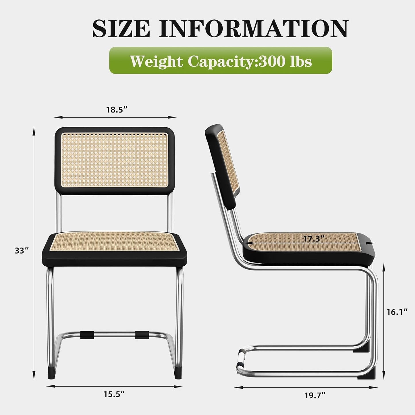 Rattan Dining Chairs Set of 2 Mid Century Modern Dining Room Chairs with Natural Rattan Woven Backrest and Seat Upholstered Kitchen Armless Side Chairs with Metal Legs, Black