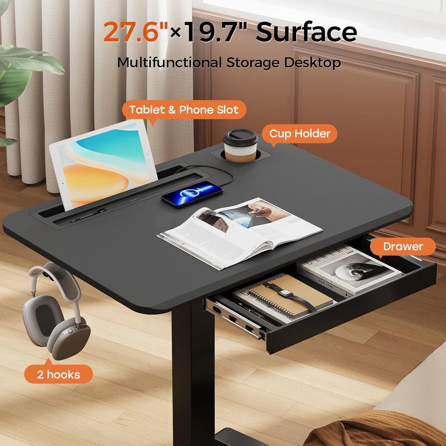 Mobile Standing Desk with Drawer, 28" Rolling Desk with Cup Holder and Hooks, Portable Laptop Workstation on Wheels, Height Adjustable Cart with Storage for Home Office, Black