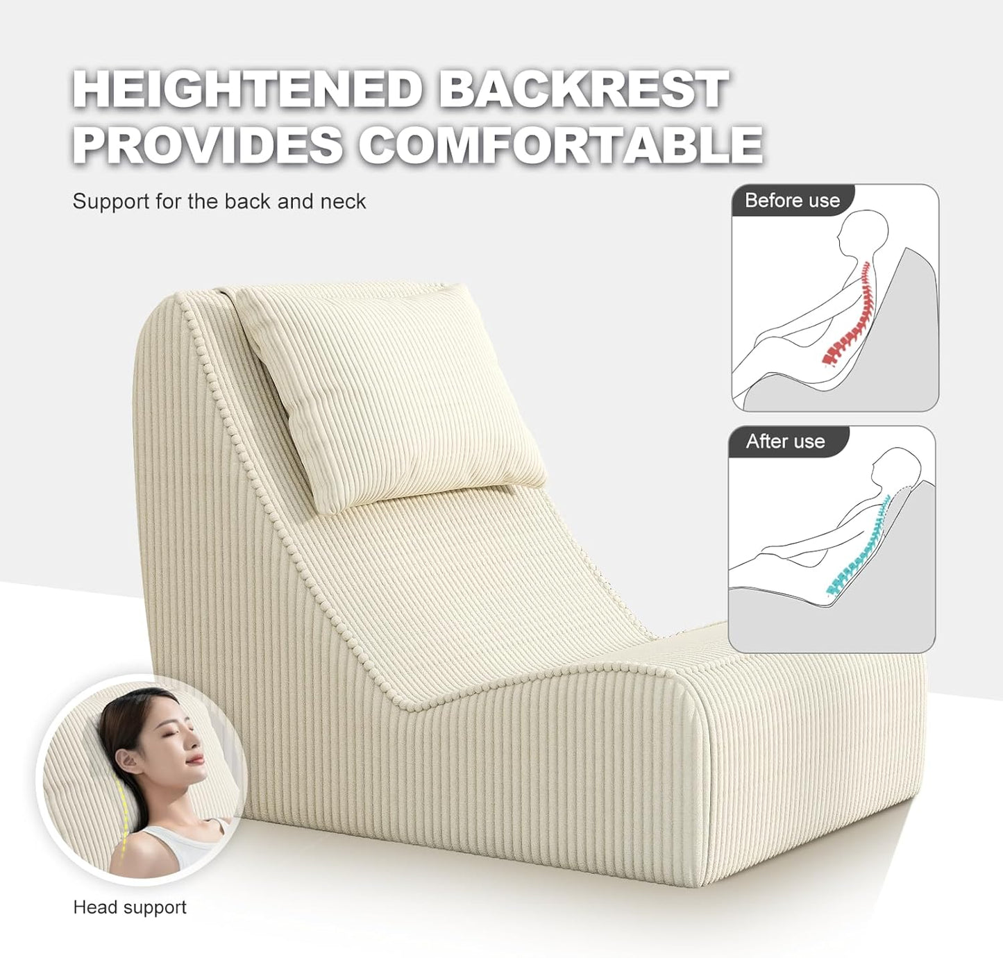 Giant Bean Bag Chair for Adults,Corduroy Chaise Lounge with Unrivaled Back Support, Detachable Neck Pillow, Comfortable Ottoman & Washable Cover for Living Room, Bedroom, Garden(White)