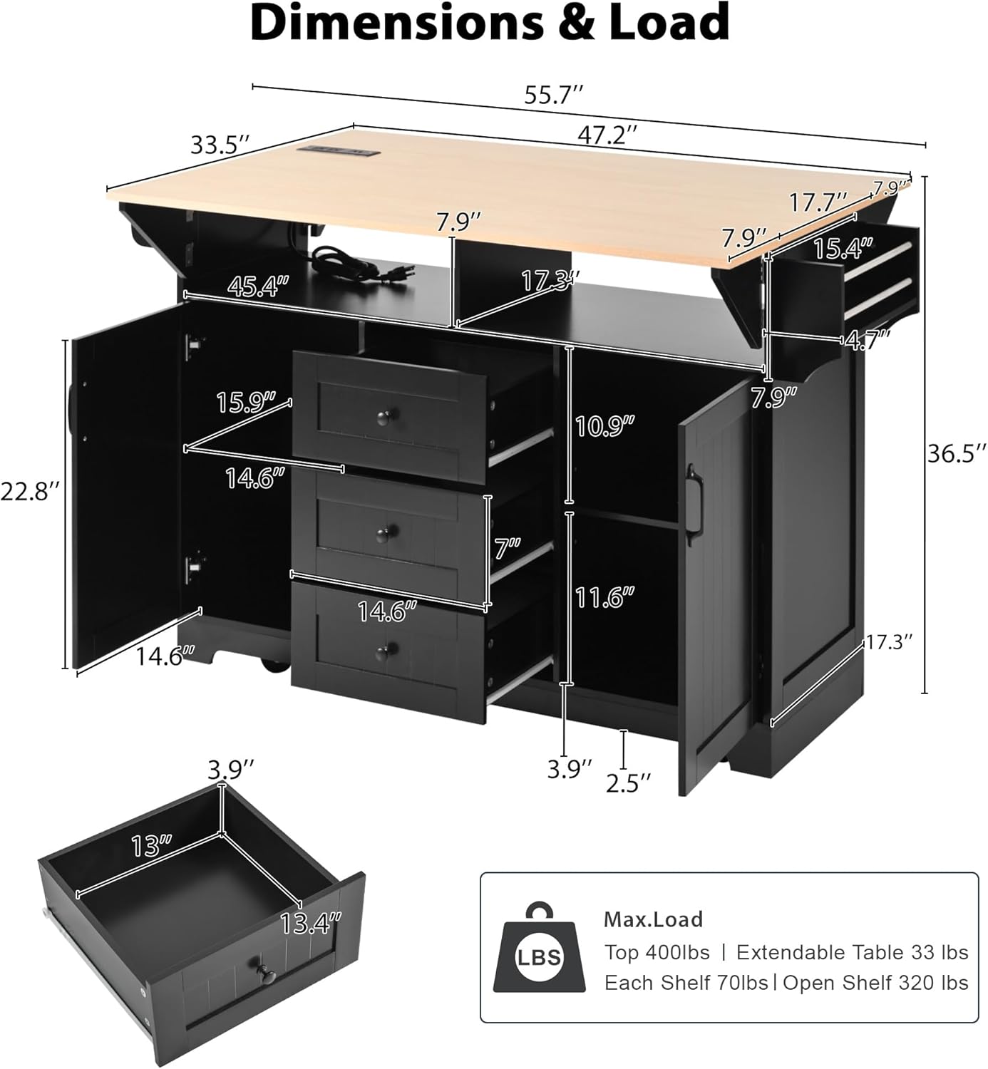56" Large Kitchen Island with 2 Drop Leafs,Rolling Kitchen Cart on 5 Wheels W/Power Outlet & 3 Drawers,Folding Storage Dining Table W/Spice & Towel Racks,for Kitchen,Dining Room,Black