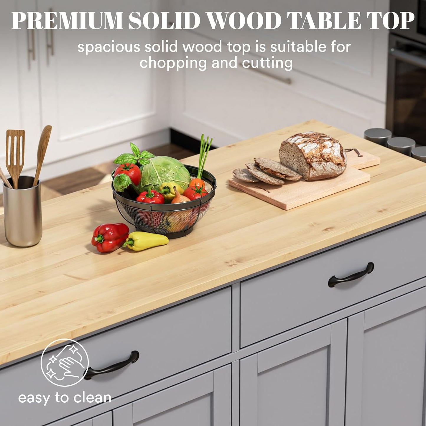 Rovibek Large Kitchen Island on Wheels with Storage 54 in Width Mobile Moveable Portable Rolling Wood Islandfor Kitchen Dining Room with Drawers Cabinet Spice Rack Towel Rack