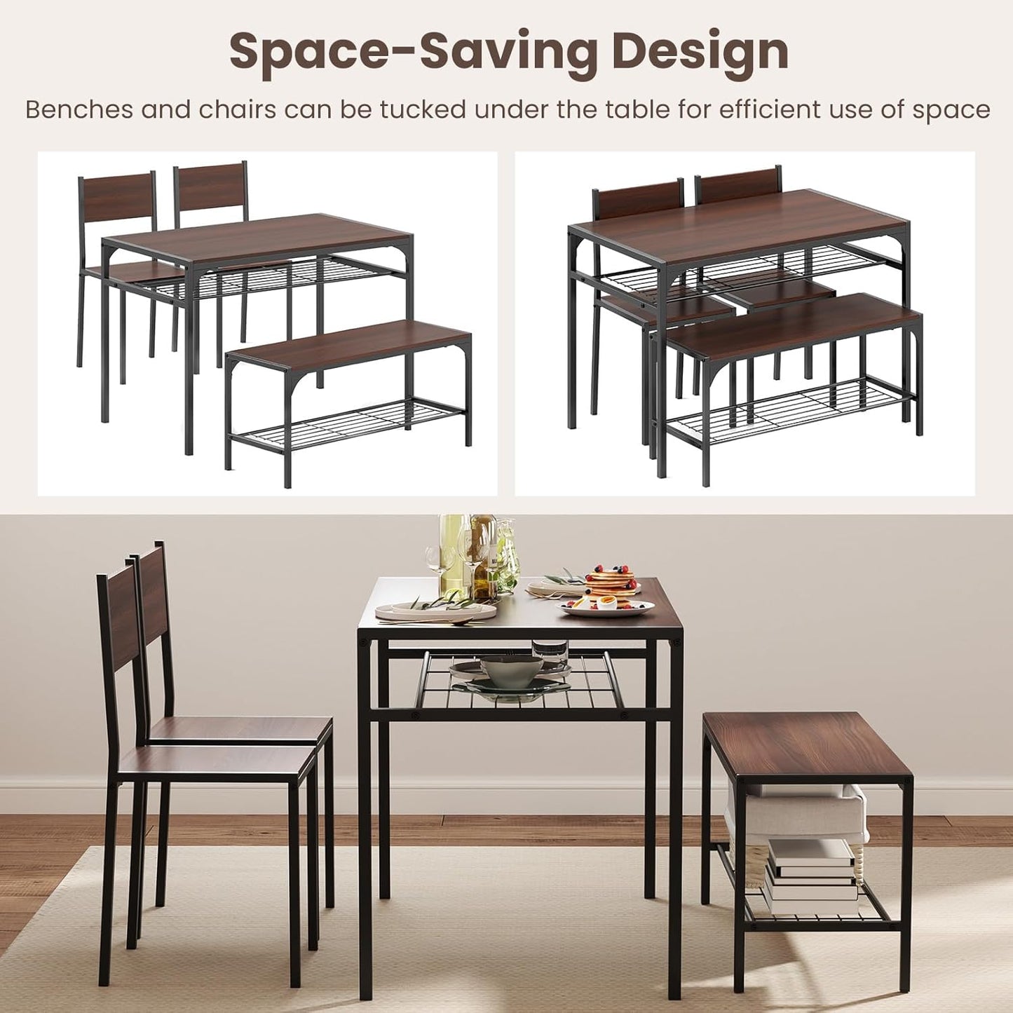 Giantex Dining Table Set for 4, Kitchen Table with Chairs & Bench, Storage Racks, Metal Frame, 4-Piece Space-Saving Dinette Set for Dining Room, Breakfast Nook, Small Space, Apartment, Walnut