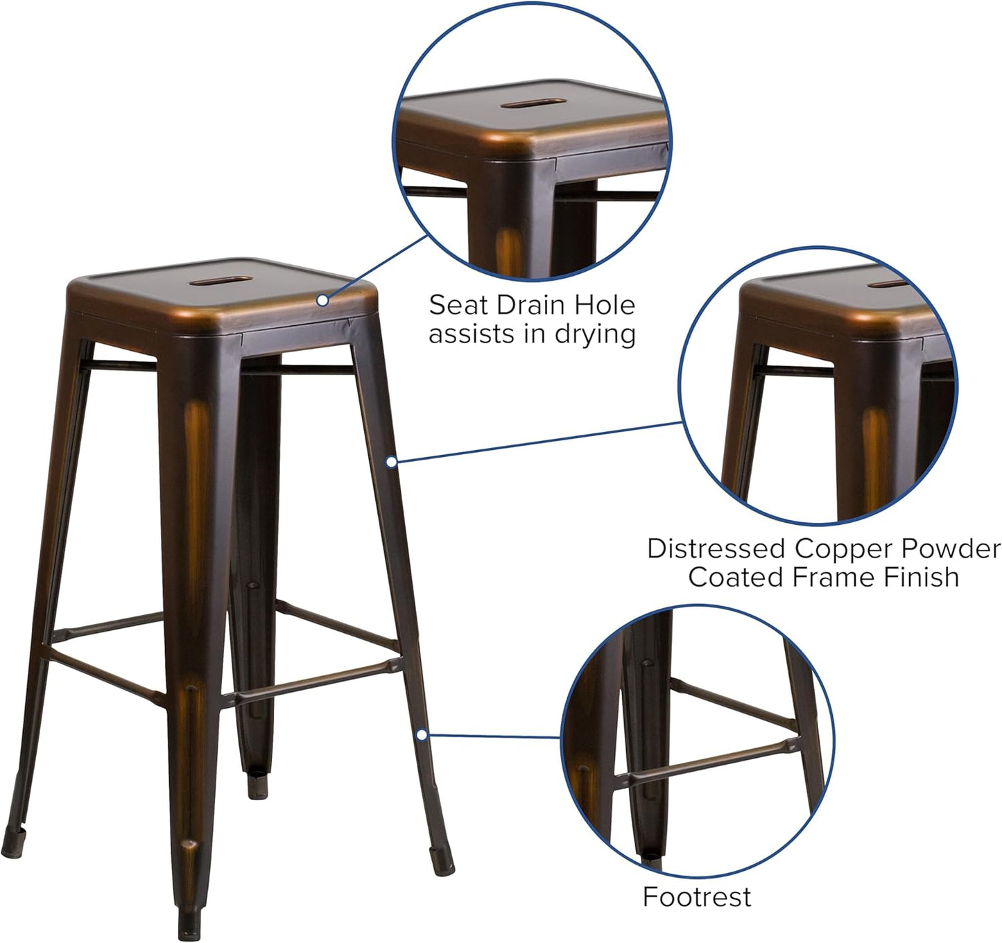 Flash Furniture Kai Commercial Grade 30" High Backless Distressed Copper Metal Indoor-Outdoor Barstool