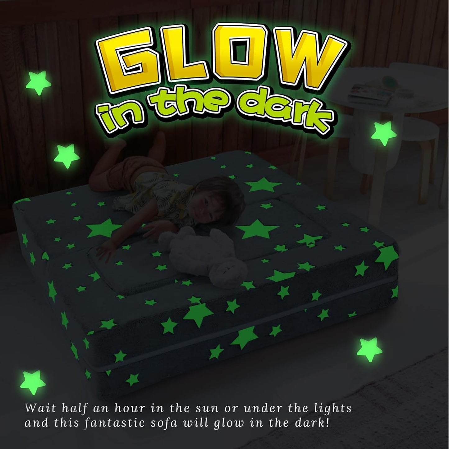 MeMoreCool Modular Kids Play Couch Sofa – Glow in The Dark Star Design, Fold-Out Toddler Couch for Playroom Furniture, Grey
