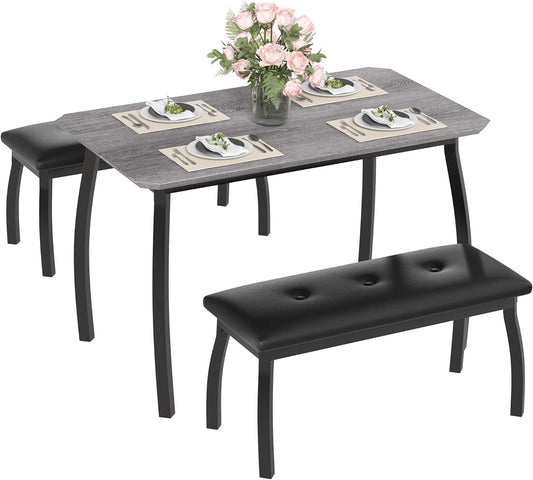 3 Piece Farmhouse Dining Table Set for 4, Compact Rustic Kitchen Table with 2 Padded Benches, Space Saving Breakfast Nook Furniture Set for Small Spaces, Apartments, Grey