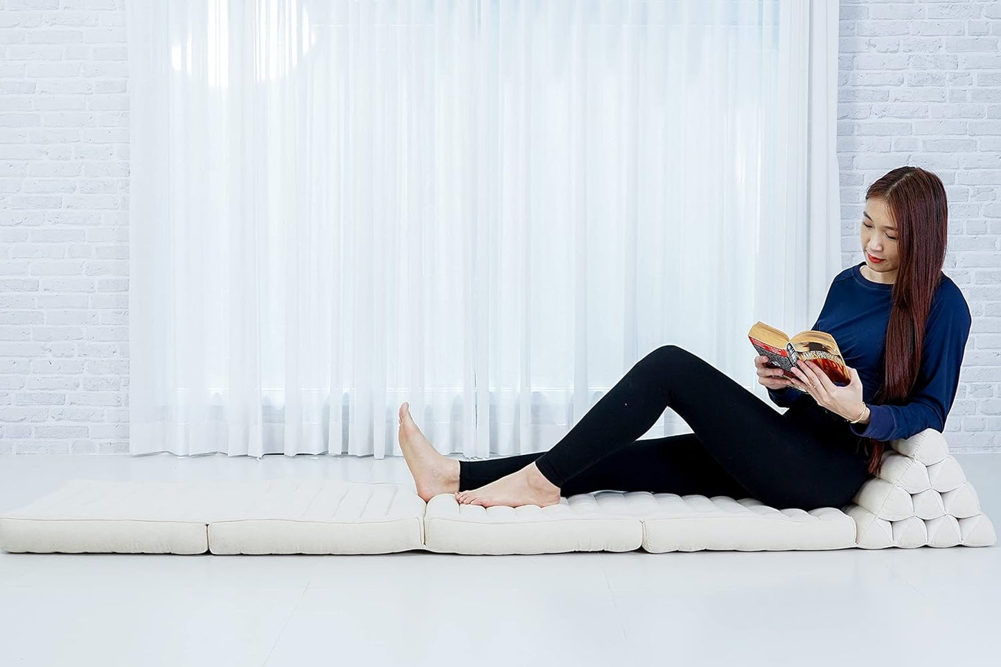 Leewadee Comfortable Japanese Floor Mattress - Thai Floor Bed with Triangle Cushion - Futon Mattress - XL Extra Long Thai Massage Mat, 89 x 20 inches, Ecru, Kapok Filling