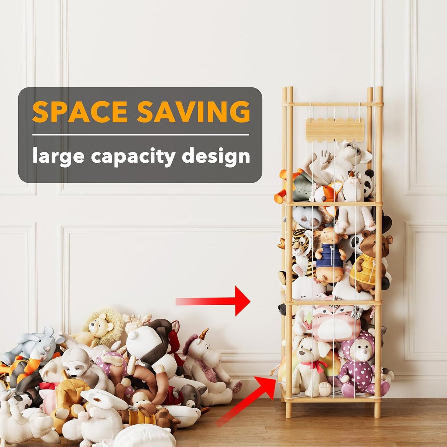 SpaceAid Stuffed Animal Storage Organizer, Wood Animals Zoo Toy Plushies Storage Holder, Large Capacity Plush Toy Cage for Playroom Organization, 15.8" Wide, Natural