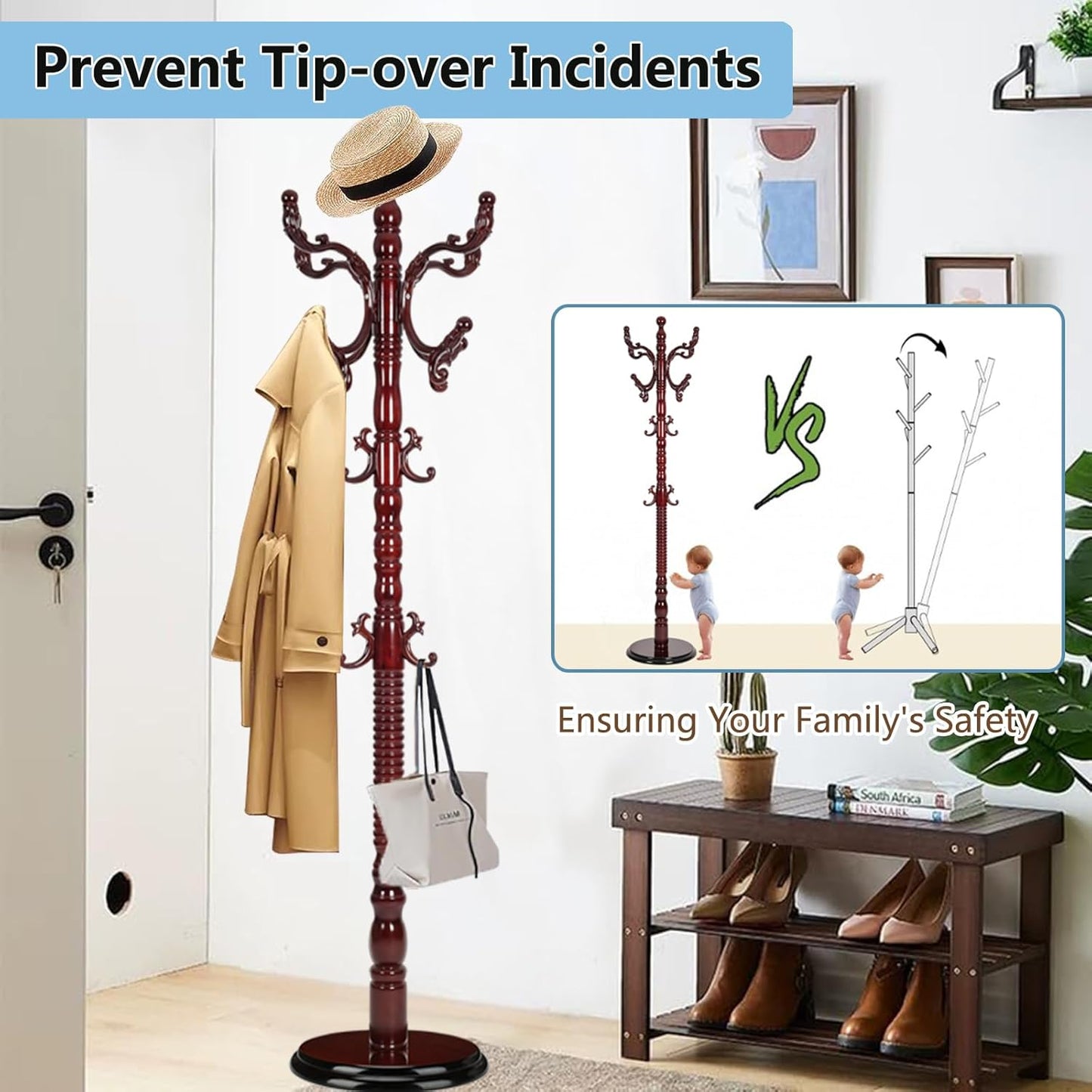 Solid Wood Coat Rack, Coat Racks Free Standing with 14 Hooks, Vintage Coat Rack with Stable Disc Base, Adjustable Height 73 in for Porch, Living Room, Bedroom, Office (Redwood Color)
