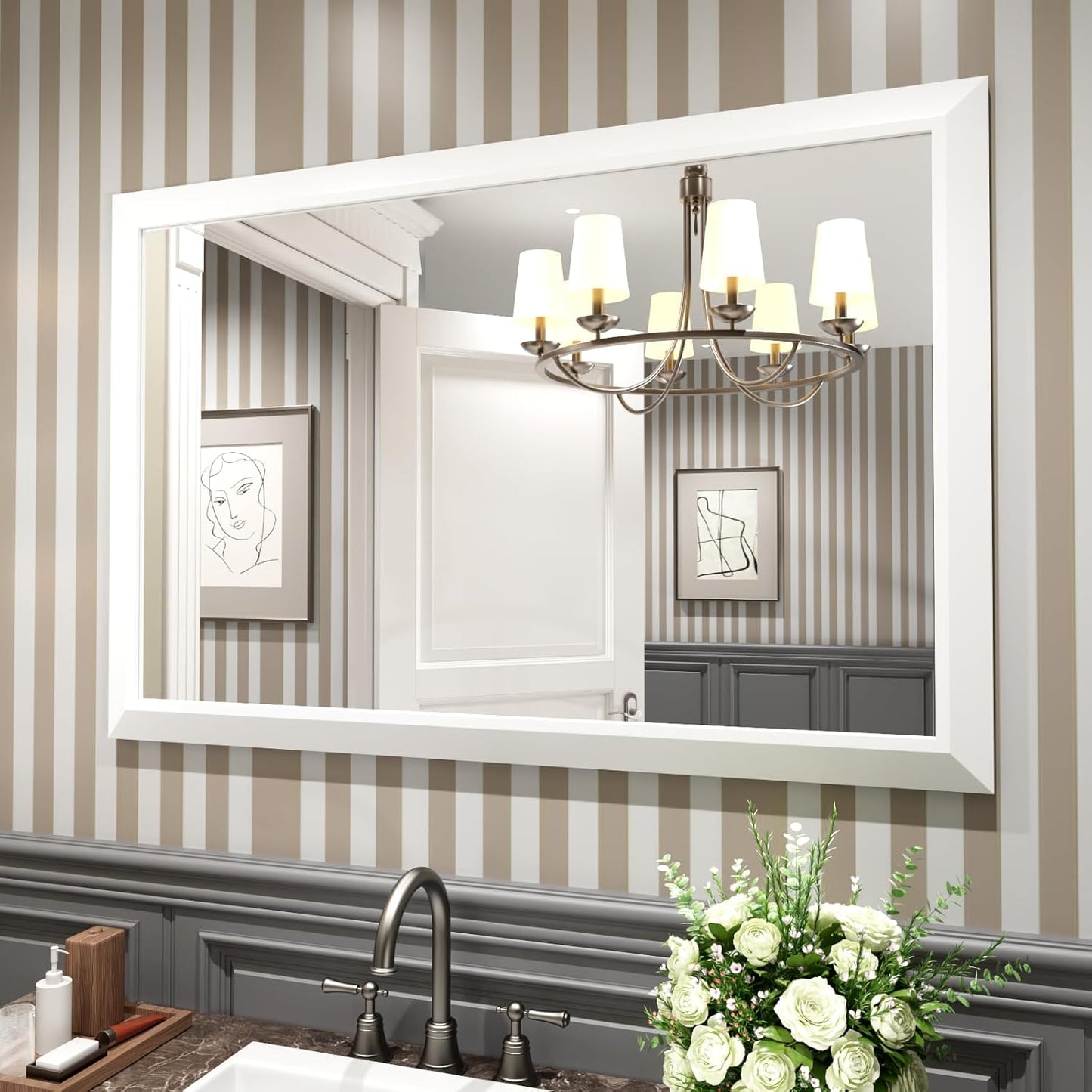 Amorho Bathroom Mirror, 48X32 Inch White Thick Metal Framed Wall Mirrors for Over 2 Sinks, Bedroom, Living Room, Entryway, Large Rectangle Wall-Mounted Mirrors.