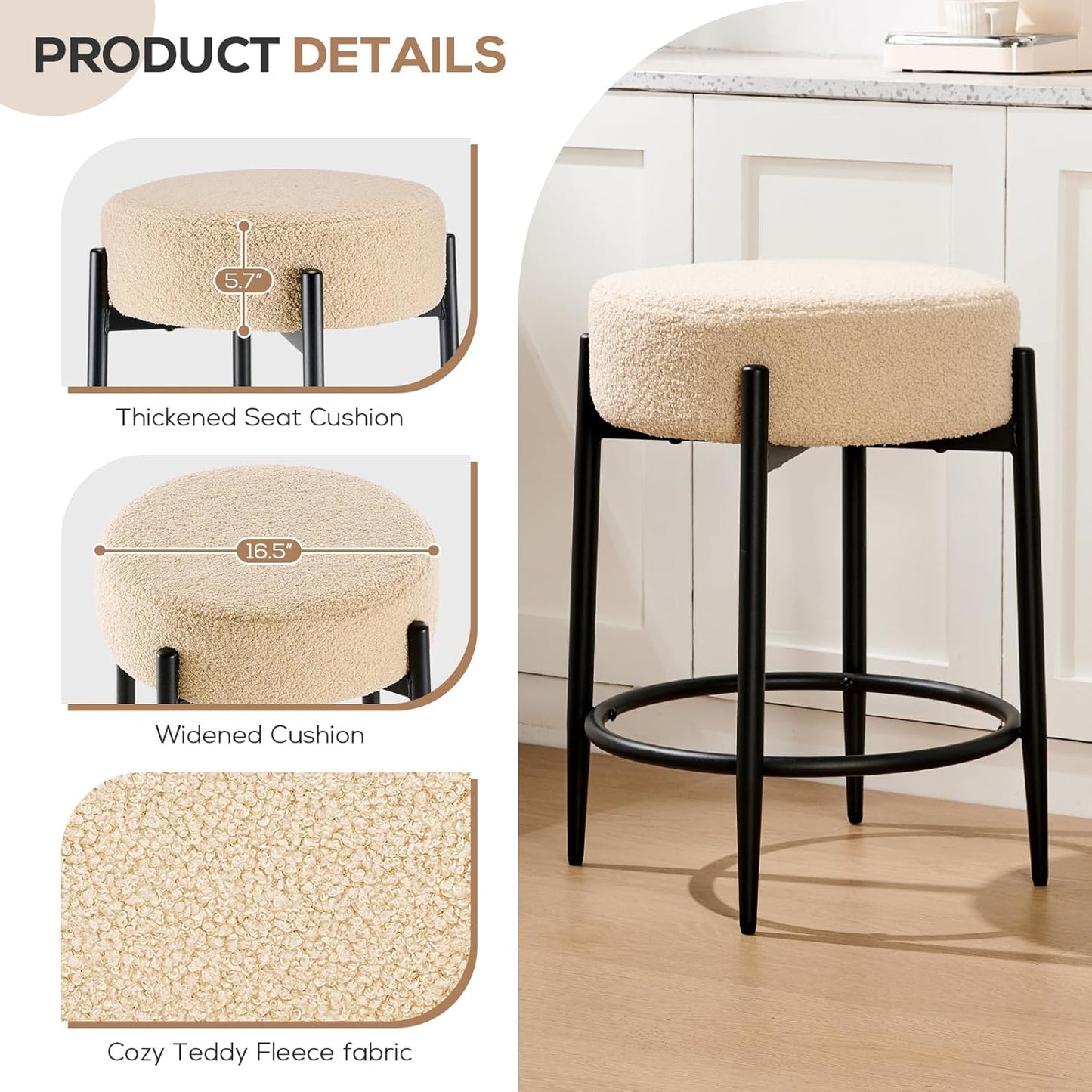 Modern Dining Chairs Set of 4, 23.6" Beige Round Backless Boucle Sherpa Upholstered Dining Chair with Solid Metal Legs for Kitchen, Living Room