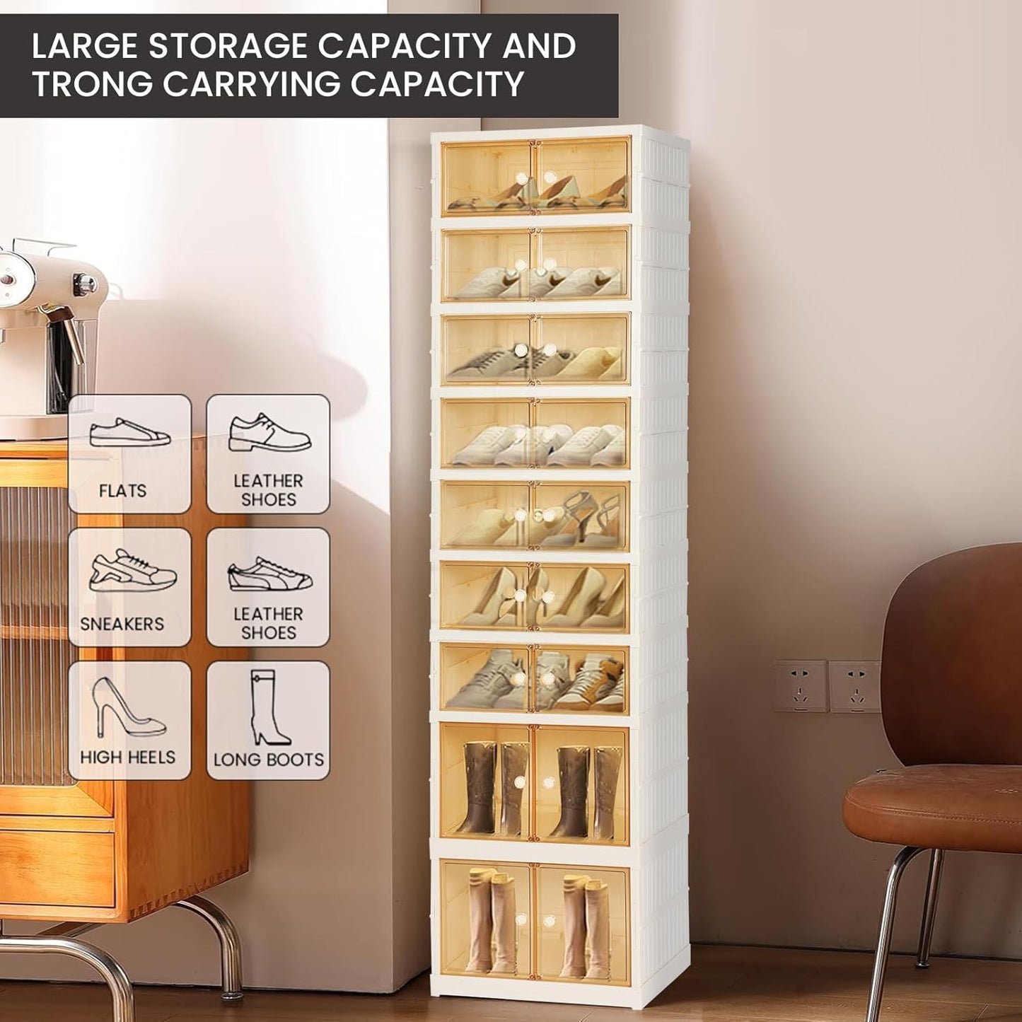 Foldable Shoe Organizer Storage Box, Portable Extra Large Folding Shoe Rack for Closet, Shoe Storage Box with Magnetic Transparent Door and Wheels, 9 Layers 18 Grids with 4 Big Grids