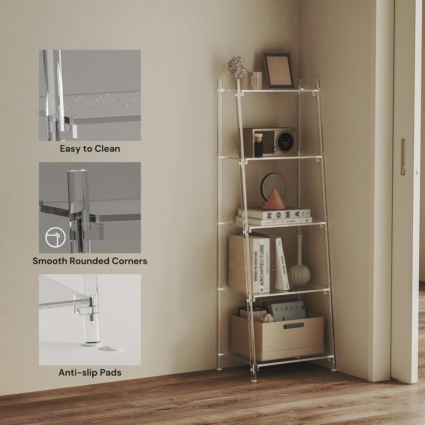 Acrylic Ladder Bookshelf, 13.8" D x 20.5" W x 59" H, 5-Tier Tall Clear Bookcase, Multifunctional Storage Book Shelf for Living Room, Bedroom, Office, Modern, Easy Assembly