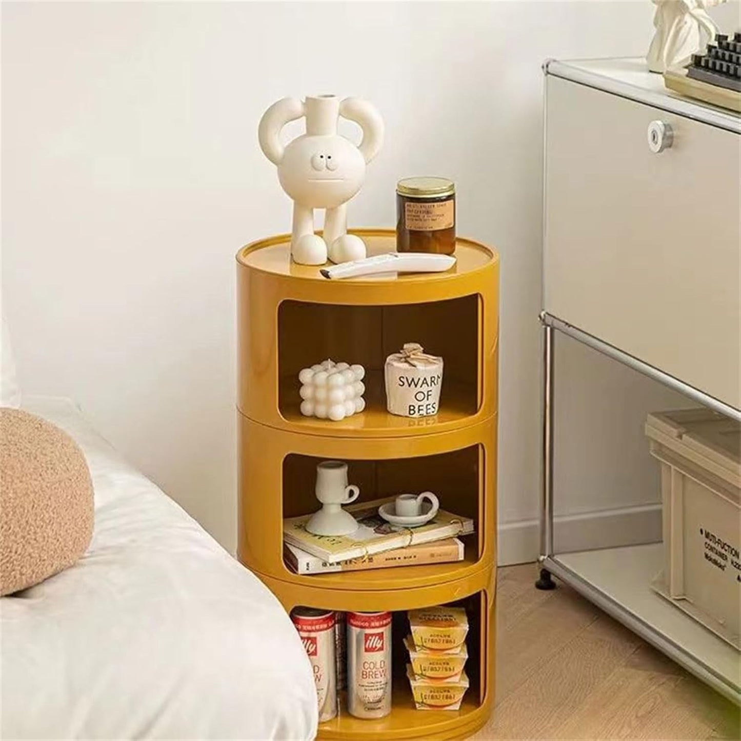 3 Tier Round Nightstand with Drawer, Ginger Yellow Round Side Table Small Plastic Storage End Table Suitable for Bedroom, Living Room, Bathroom (Ginger Yellow)