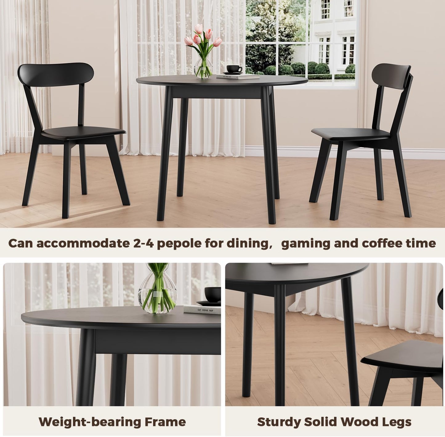DELAVIN 31.5" Solid Wood Round Dining Table for 4, Mid Century Small Kitchen Table for 2-4, Modern Office Table for Living Room, Dining Room, Dinette, Easy Assembly, Space Saving, Black