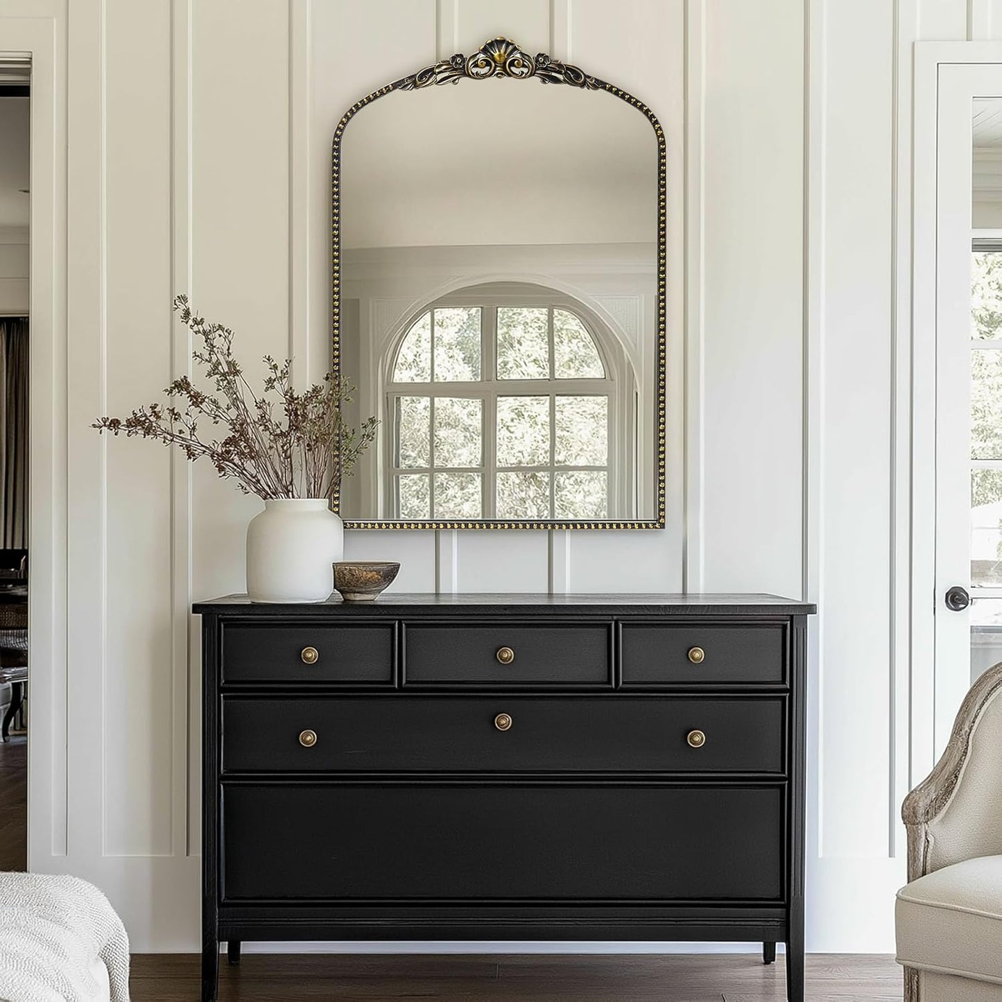 G-LEAF Vintage Baroque Mirror 24"X36", Victorian Antique Farmhouse Mantel Mirror with Black Brush Gold Ornate Metal Frame for Fireplace Entryway Living Room Hallway Bathroom