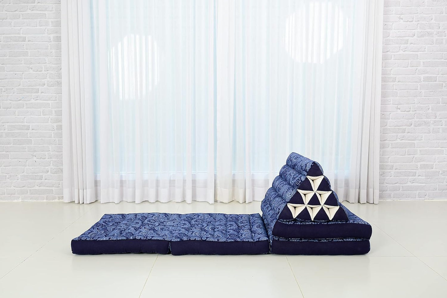 Leewadee Comfortable Japanese Floor Mattress - Thai Floor Bed with Triangle Cushion - Futon Mattress - XL Extra Long Thai Massage Mat, 89 x 20 inches, Blue White, Kapok Filling