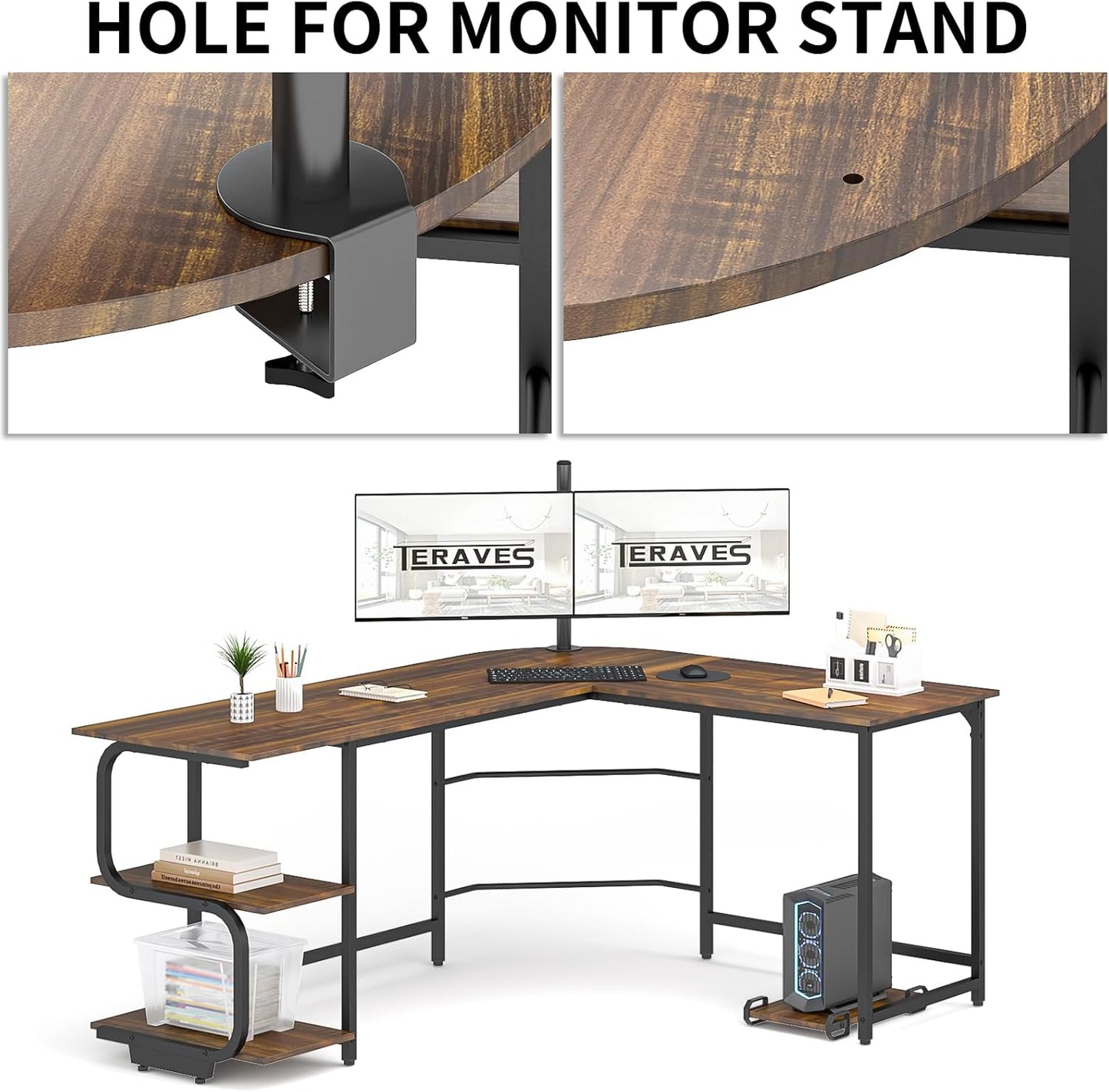 Teraves Reversible L Shaped Desk with Large Surface, 69 Inch Sturdy Corner Desk with Storage Shelves, Premium Office Computer Desk Workstation for Home Office Gaming